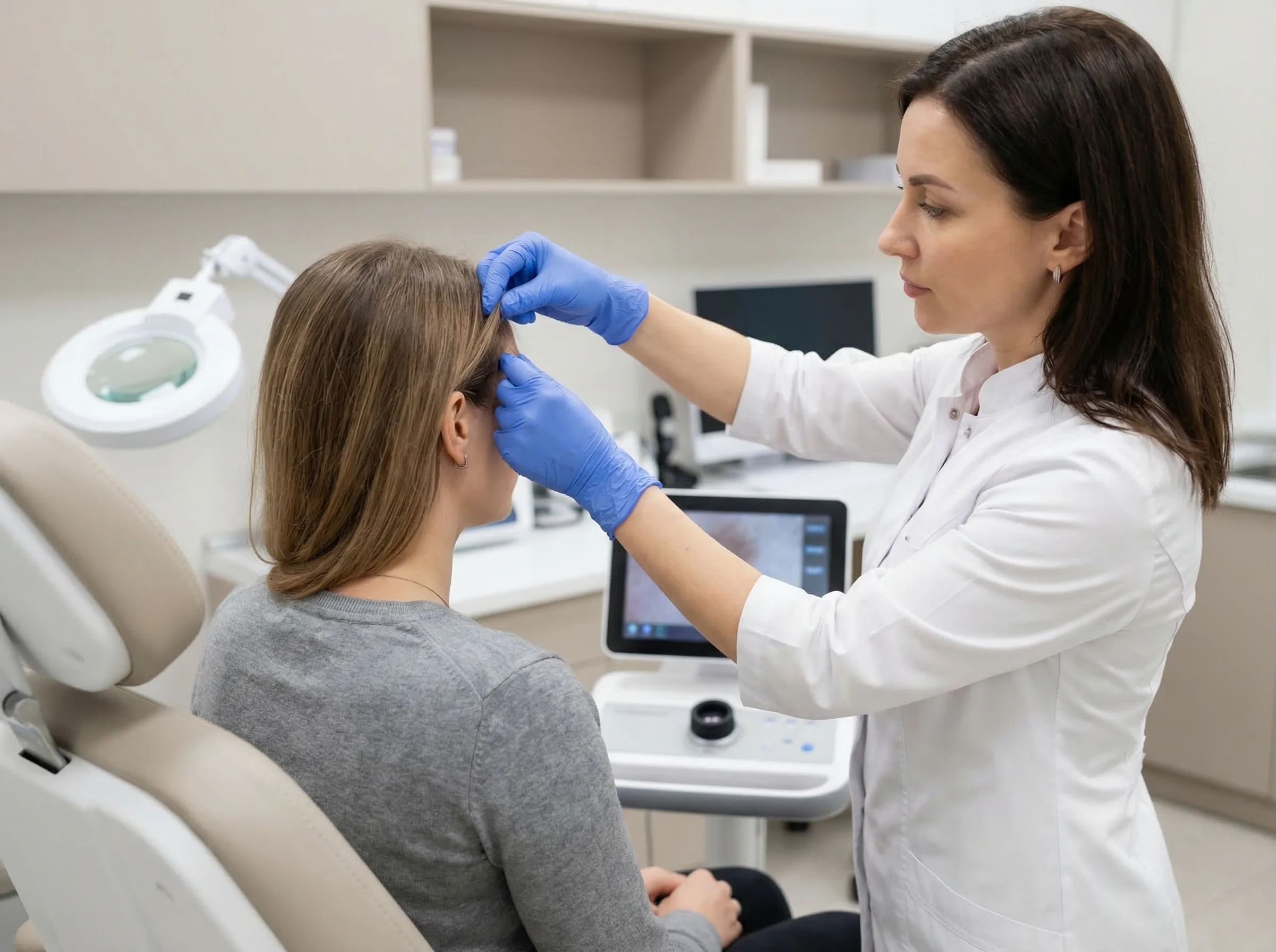 Diagnostic de la chute de cheveux : trichoscopie, pull test, bilan sanguin et analyse du cuir chevelu pour identifier la cause exacte de la perte capillaire