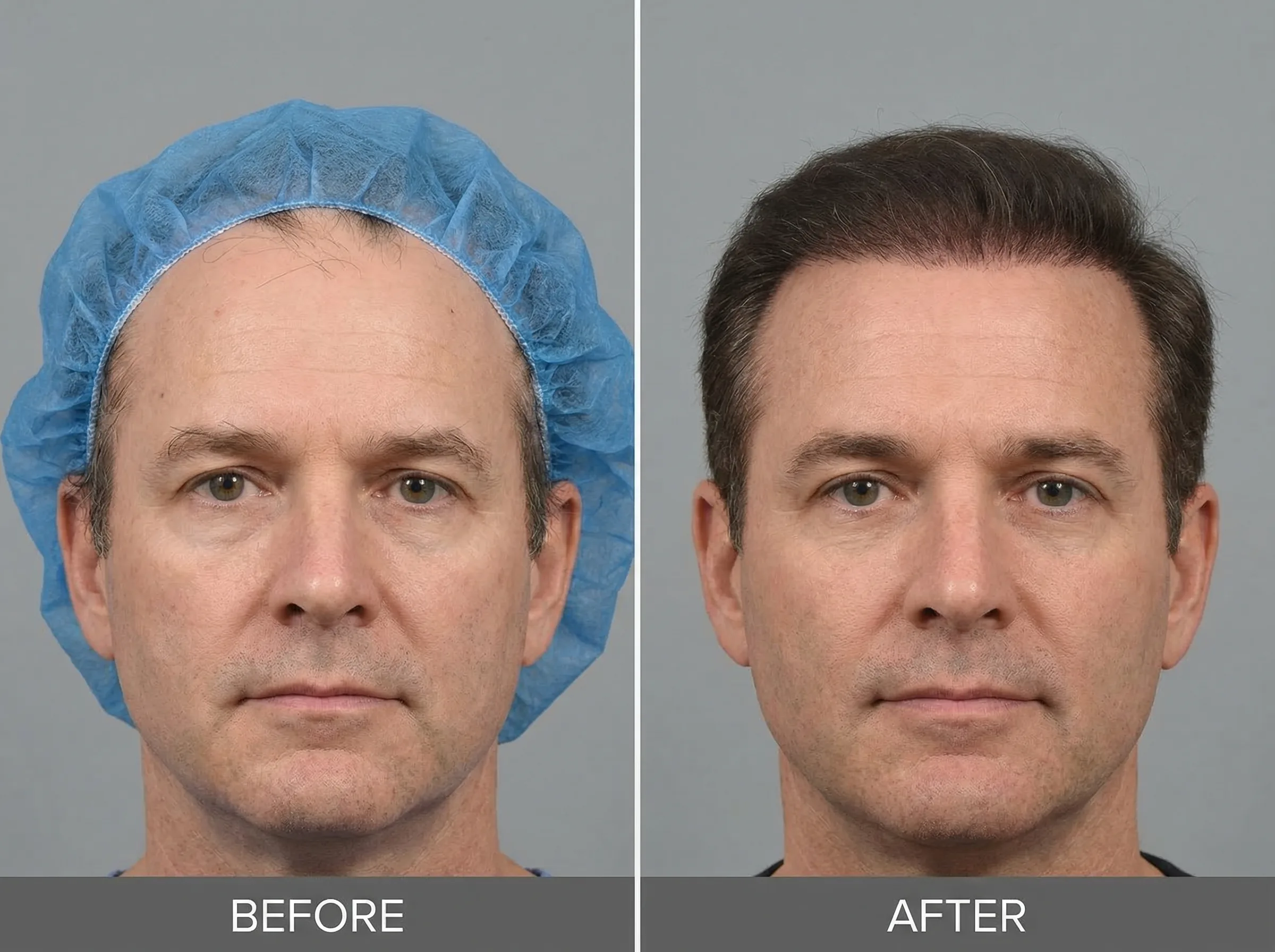 Résultat avant/après greffe des golfes temporaux : progression de la repousse à 3 mois, 6 mois et 12 mois après l'intervention FUE Saphir chez Renaissance Clinique