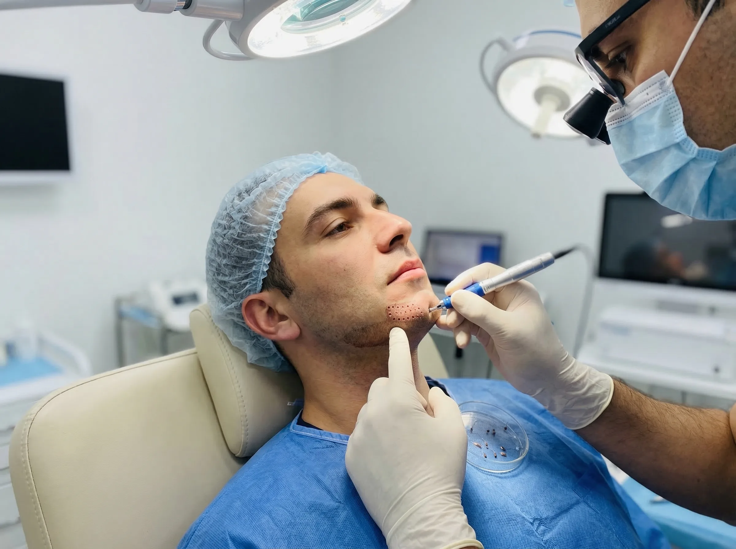 Greffe de barbe DHI : alternative permanente au Minoxidil — résultat avant et après montrant une barbe dense et naturelle sans effets secondaires