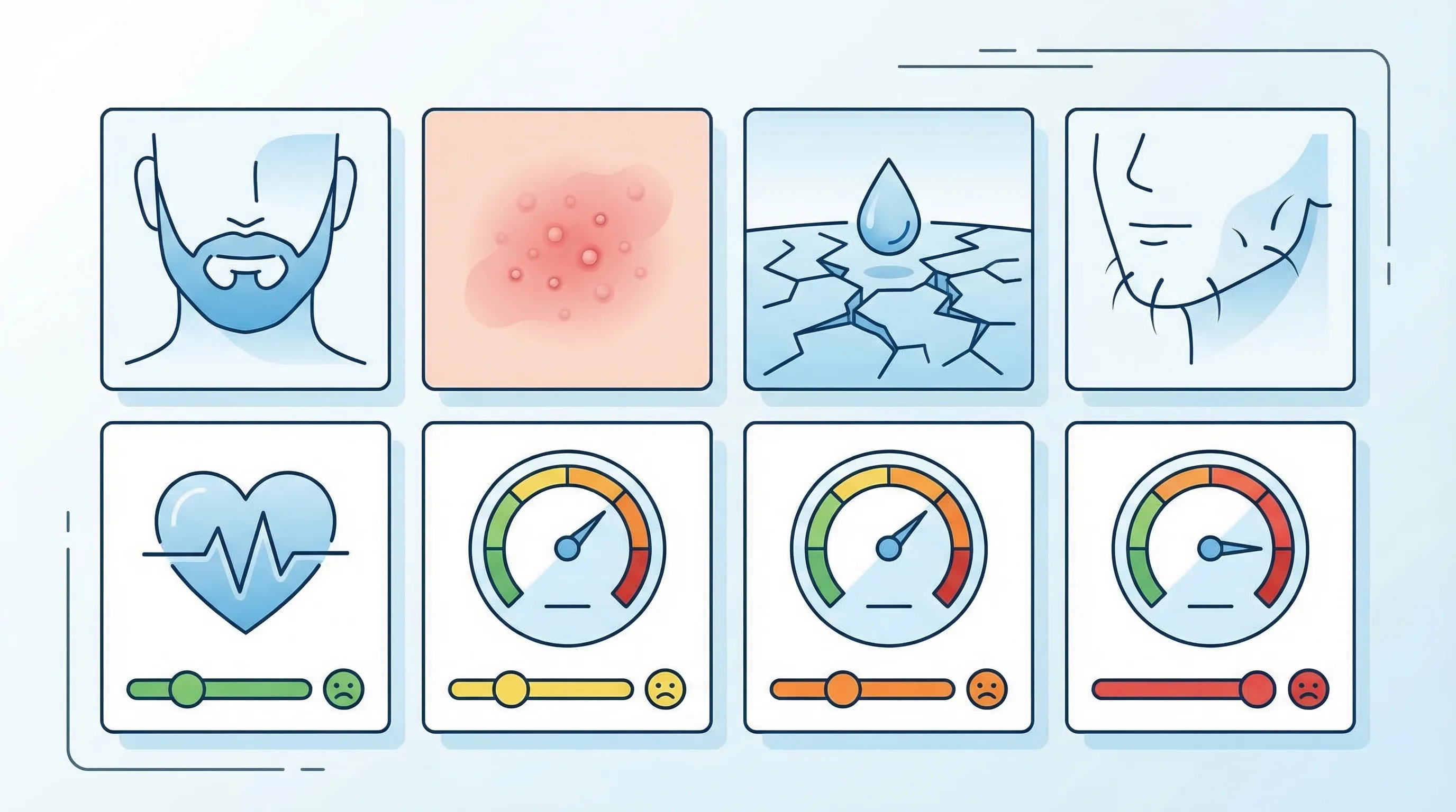 Effets secondaires du Minoxidil sur la barbe : sécheresse cutanée, irritation, acné et hypertrichose — comparaison avant et après l'utilisation