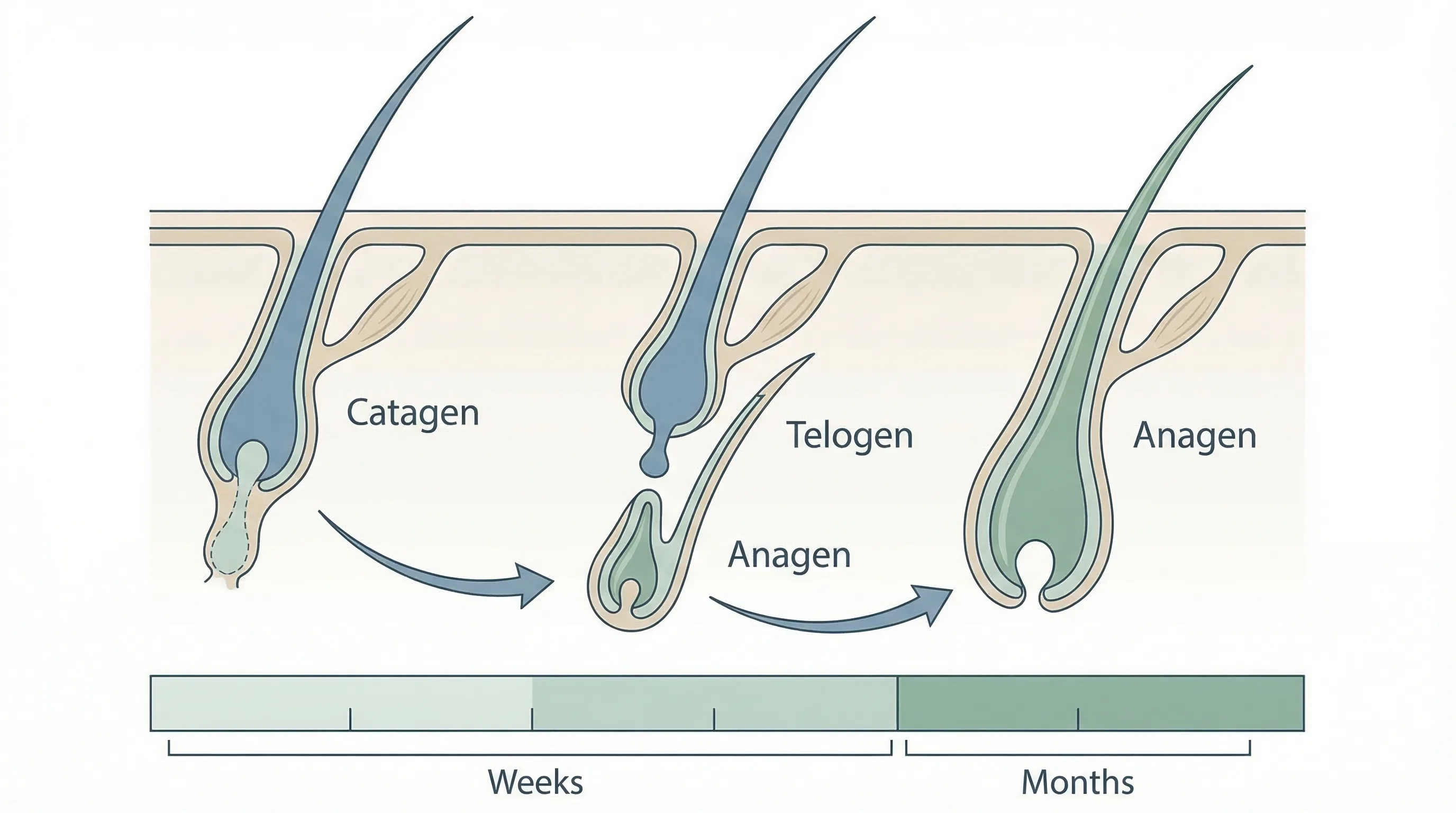 Mécanisme du shedding du minoxidil : schéma montrant comment le minoxidil raccourcit la phase télogène (repos) et initie prématurément une nouvelle phase anagène (croissance), provoquant la chute des cheveux en fin de cycle