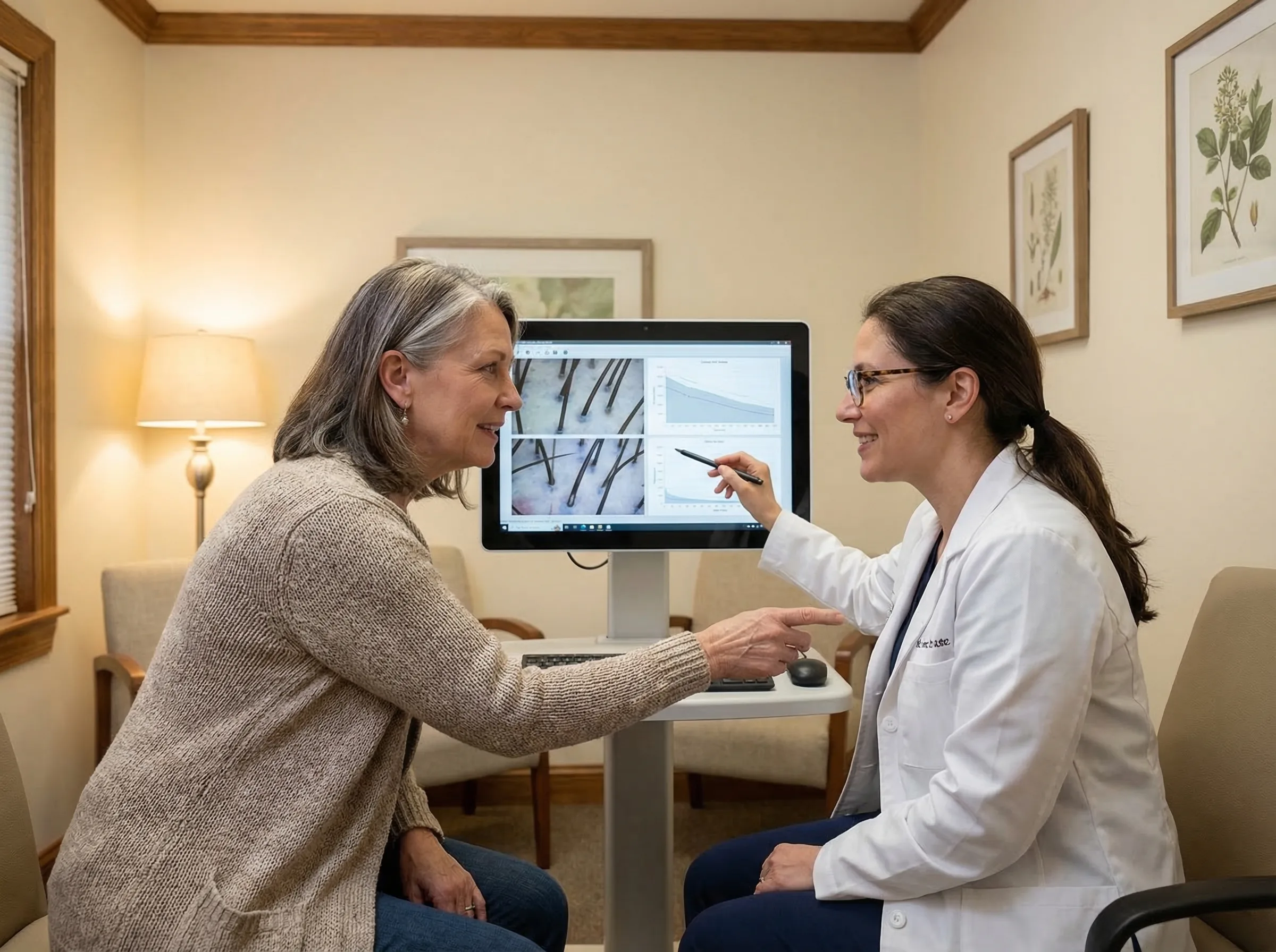 Greffe de cheveux DHI sans rasage pour femme de 50 ans : technique d'implantation entre les cheveux existants, résultat naturel avant et après la restauration capillaire
