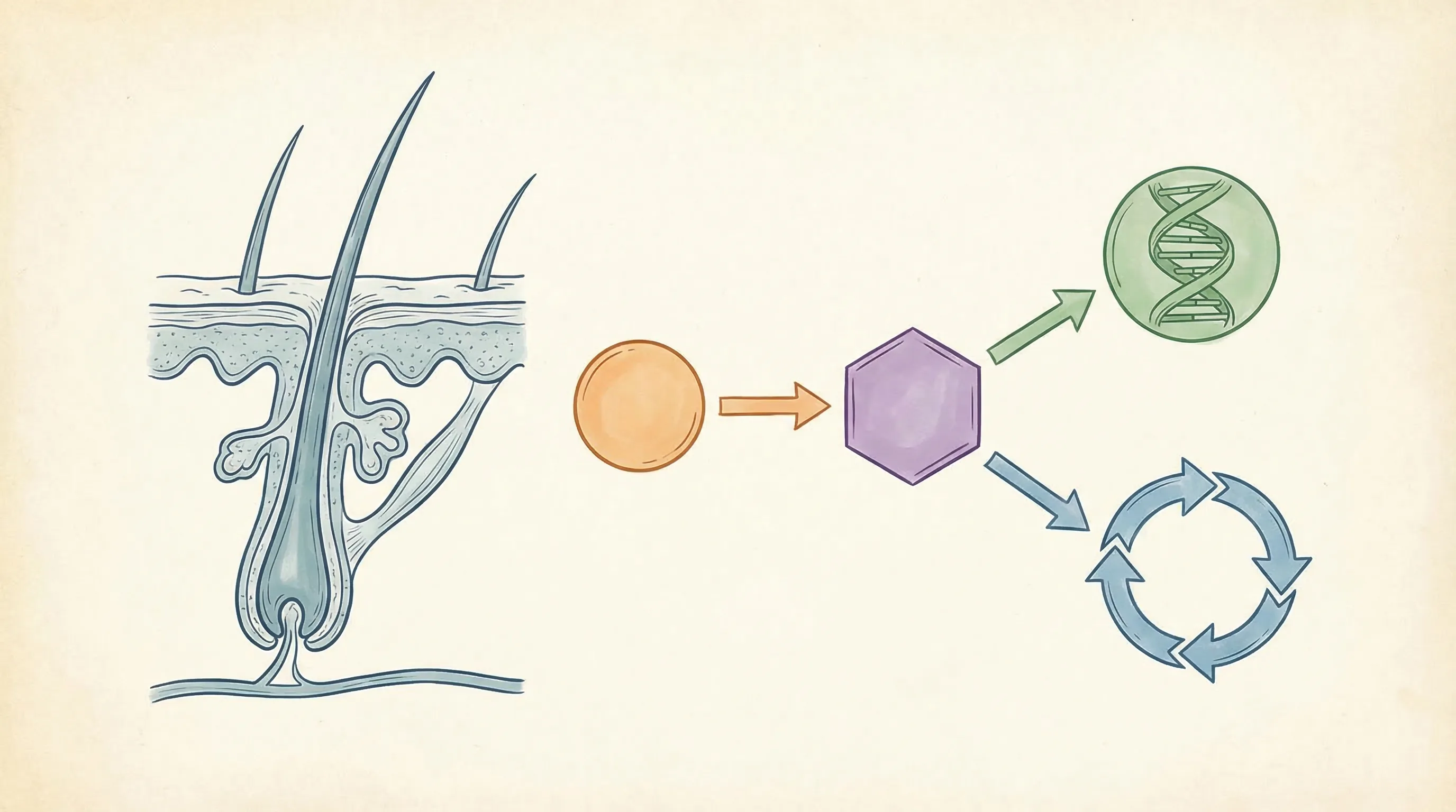 Mécanisme d'action de la vitamine B6 sur le follicule pileux : conversion du pyridoxal-5-phosphate (PLP) en coenzyme actif, métabolisme de la cystéine et synthèse de la kératine dans la matrice du bulbe capillaire