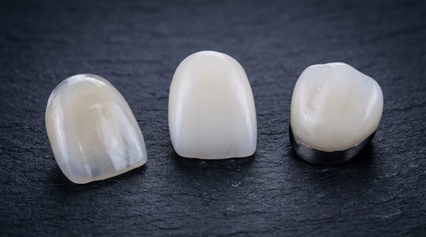 Matériaux dentaires utilisés à Istanbul : céramique E-Max Ivoclar Vivadent, zircone Prettau, implants titane Straumann — gros plan sur les facettes et couronnes