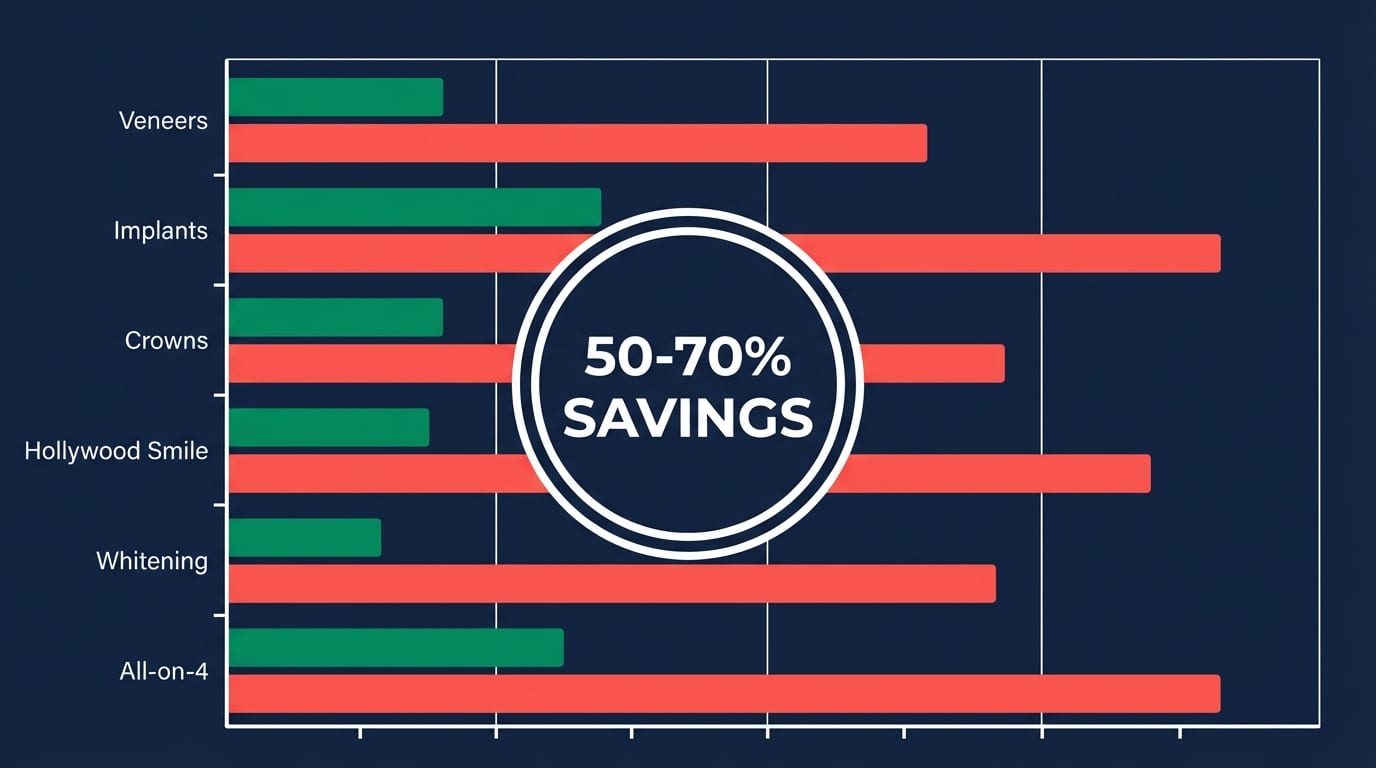 Tableau comparatif des prix des soins dentaires en 2026 : Turquie vs France, Belgique, Suisse, Canada — facettes, implants, Hollywood Smile, couronnes