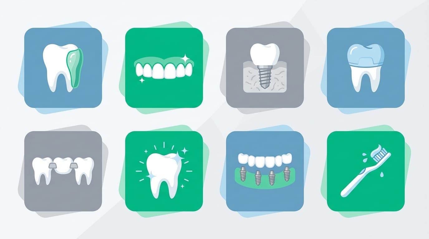 Infographie des types de soins dentaires disponibles en Turquie : facettes, Hollywood Smile, implants, couronnes, bridges, blanchiment, All-on-4, soins généraux