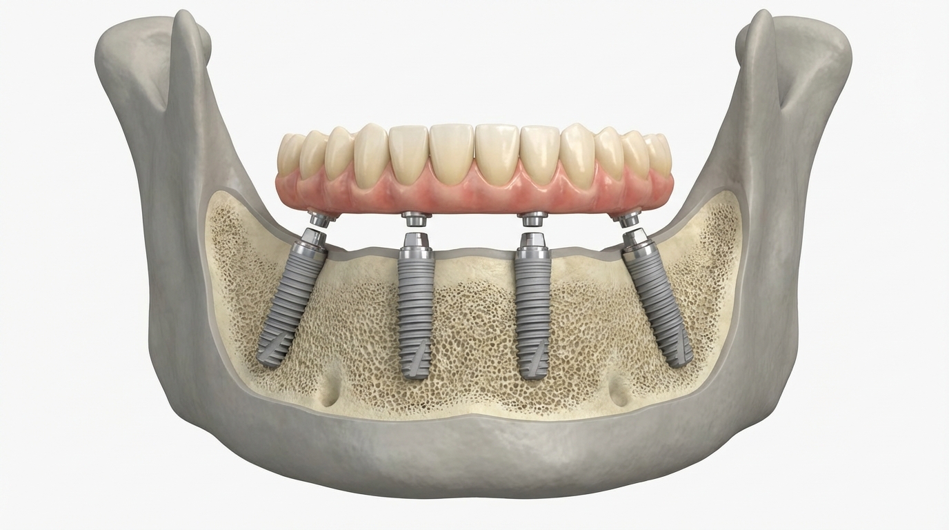 Schéma du protocole All-on-4 : coupe transversale montrant 4 implants en titane dans la mâchoire inférieure supportant une prothèse complète de 12 dents