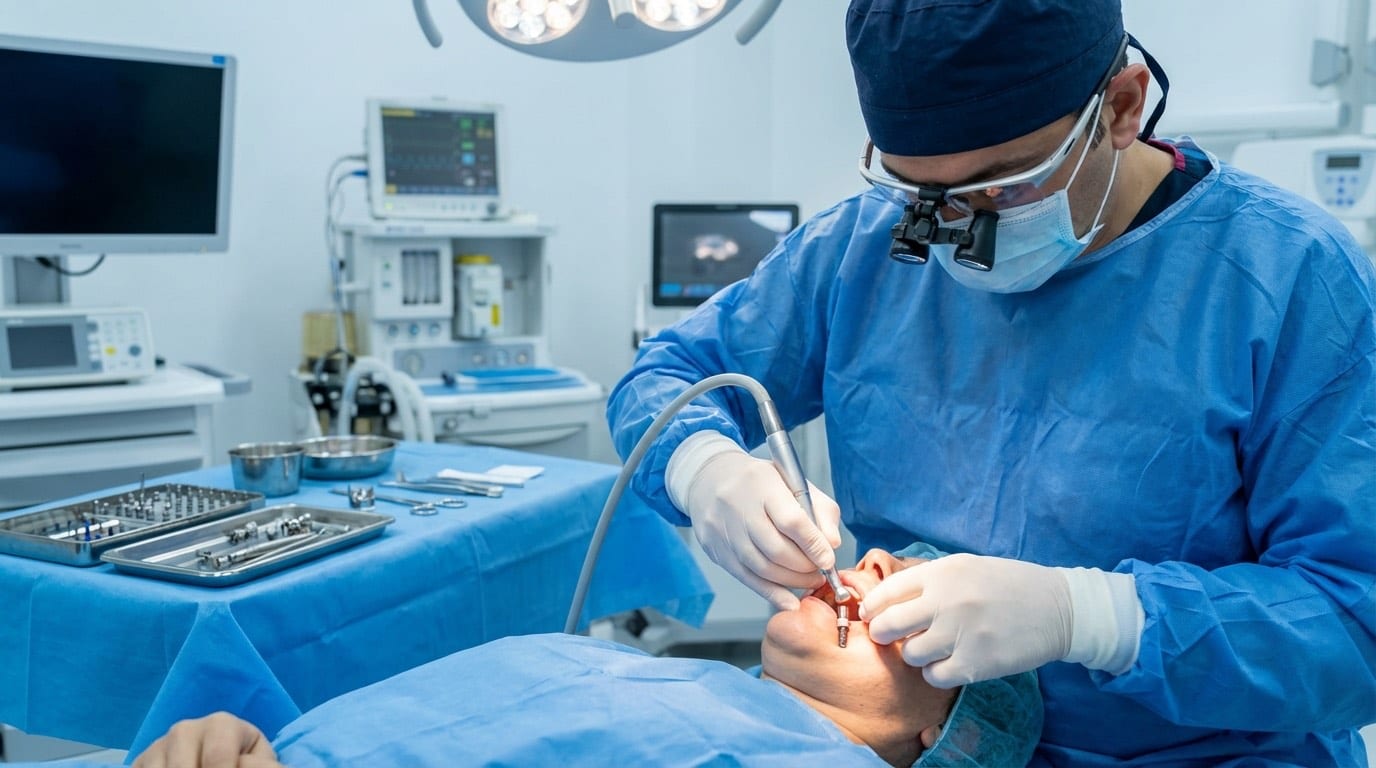 Chirurgie All-on-4 en cours — Pose d'implant dentaire à Istanbul | Renaissance Clinique Intervention All-on-4 dans une clinique dentaire moderne à Istanbul : chirurgien plaçant un implant en titane dans la mâchoire
