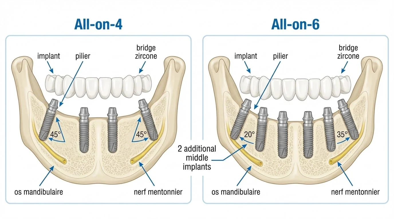 Schéma comparatif All-on-4 vs All-on-6 : placement des implants | Renaissance Clinique Diagramme médical en coupe de mâchoire montrant le placement de 4 implants (All-on-4) versus 6 implants (All-on-6) avec angles d'inclinaison