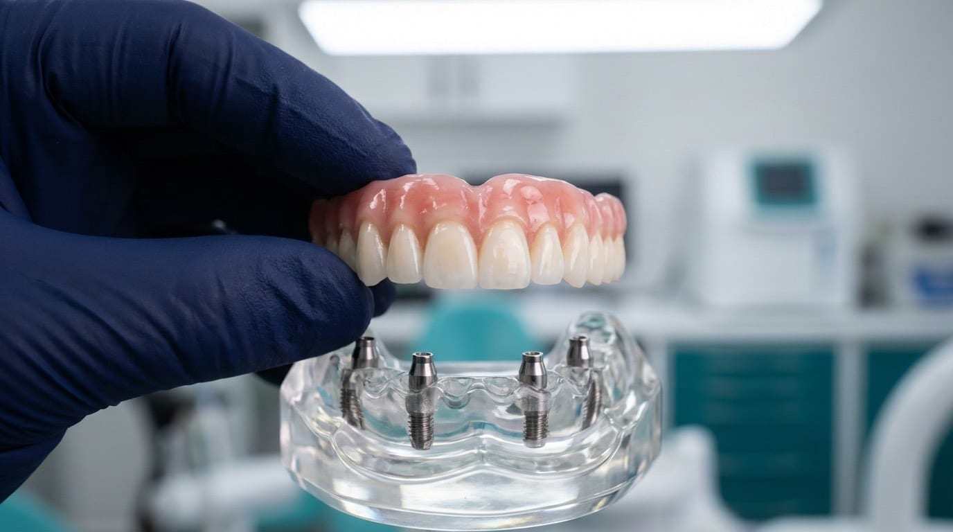 Prothèse en zircone monolithique montée sur modèle de mâchoire avec implants : illustration du protocole All-on-4 et All-on-6 en clinique à Istanbul