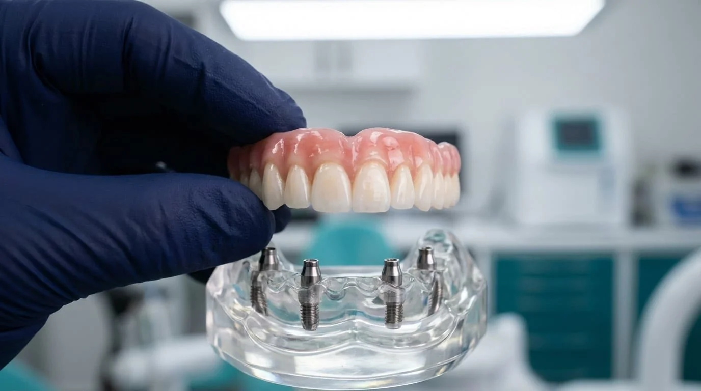 Prothèse zircone sur implants All-on-4 et All-on-6 | Renaissance Clinique Istanbul Prothèse en zircone monolithique montée sur modèle de mâchoire avec implants : illustration du protocole All-on-4 et All-on-6 en clinique à Istanbul