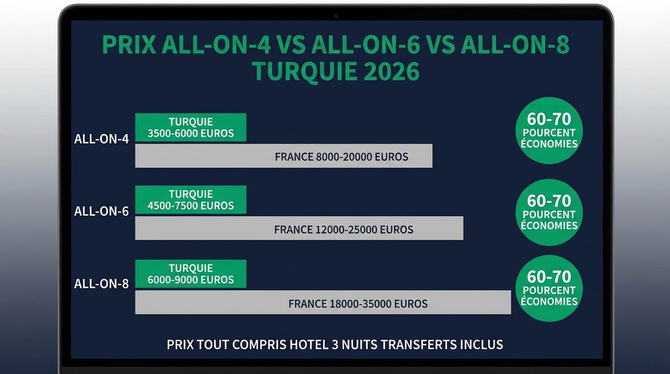 Infographie comparative des prix All-on-4 vs All-on-6 vs All-on-8 en Turquie et en France avec économies par protocole