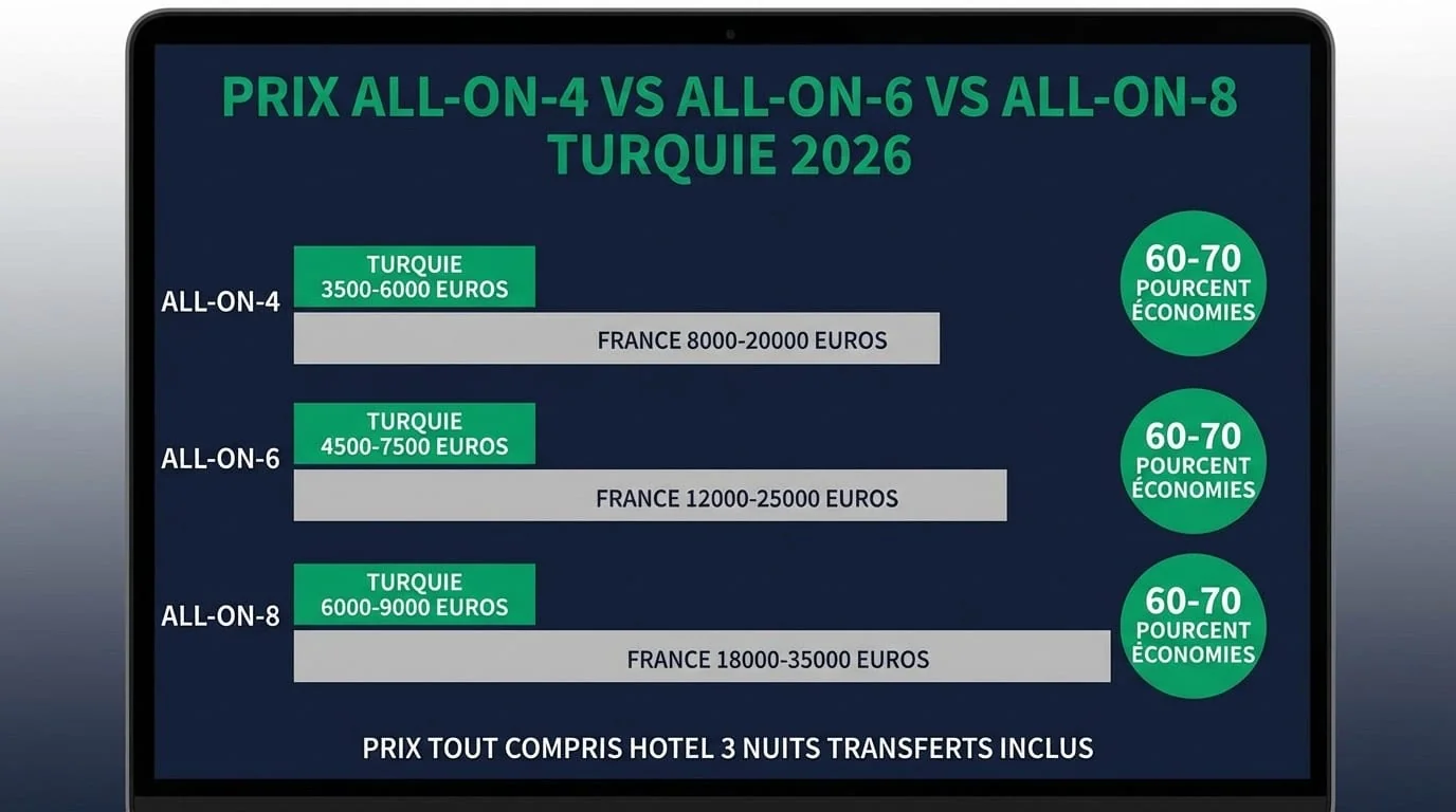 Prix All-on-4 vs All-on-6 vs All-on-8 Turquie vs France 2026 | Renaissance Clinique Infographie comparative des prix All-on-4 vs All-on-6 vs All-on-8 en Turquie et en France avec économies par protocole
