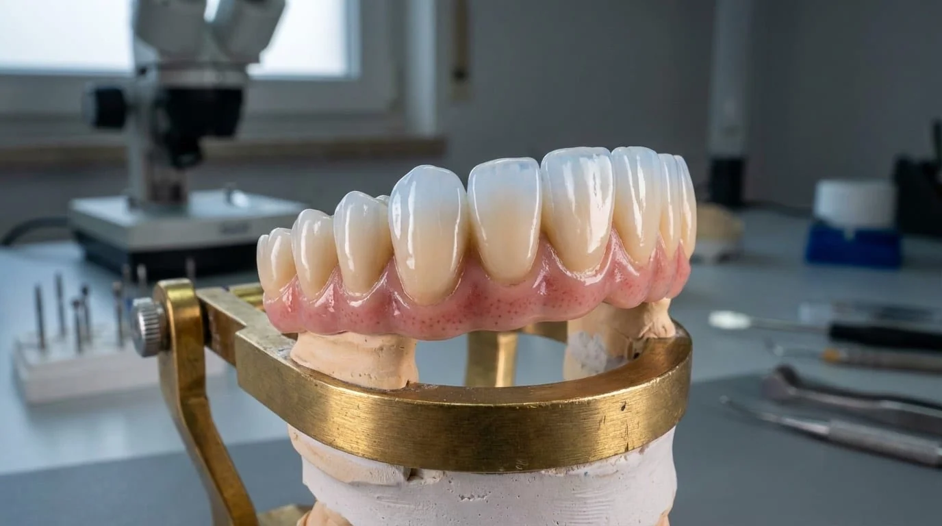 Prothèse zircone monolithique All-on-4 / All-on-6 | Renaissance Clinique Gros plan d'un bridge en zircone monolithique sur modèle dentaire : prothèse complète pour protocole All-on-4 et All-on-6