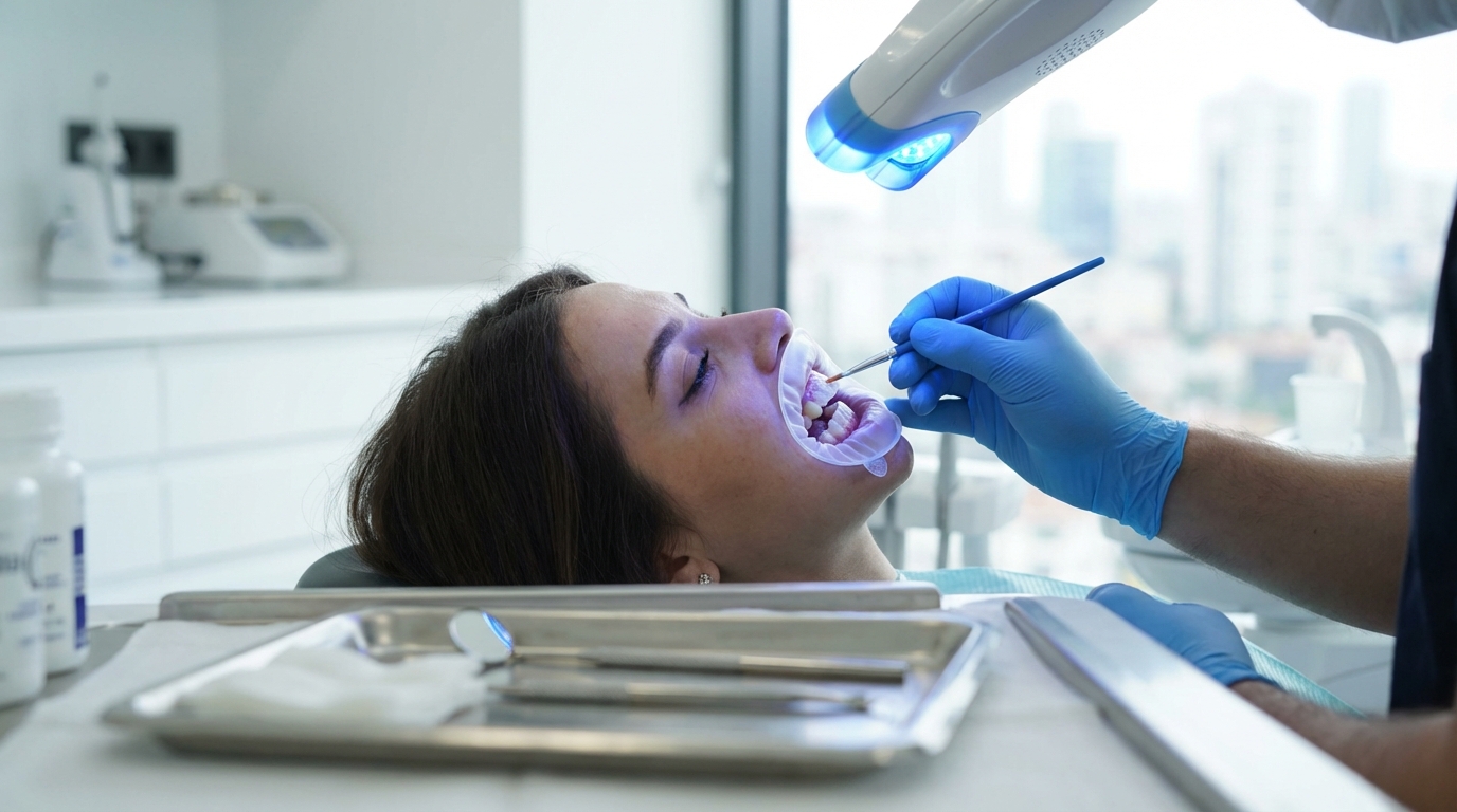 Séance de blanchiment dentaire professionnel dans une clinique dentaire moderne à Istanbul : application du gel blanchissant et activation par lumière LED