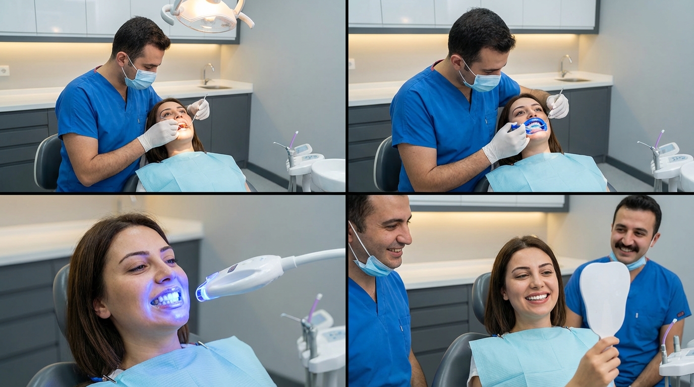 Étapes du blanchiment dentaire professionnel en clinique à Istanbul : examen, protection gingivale, activation LED et résultat final