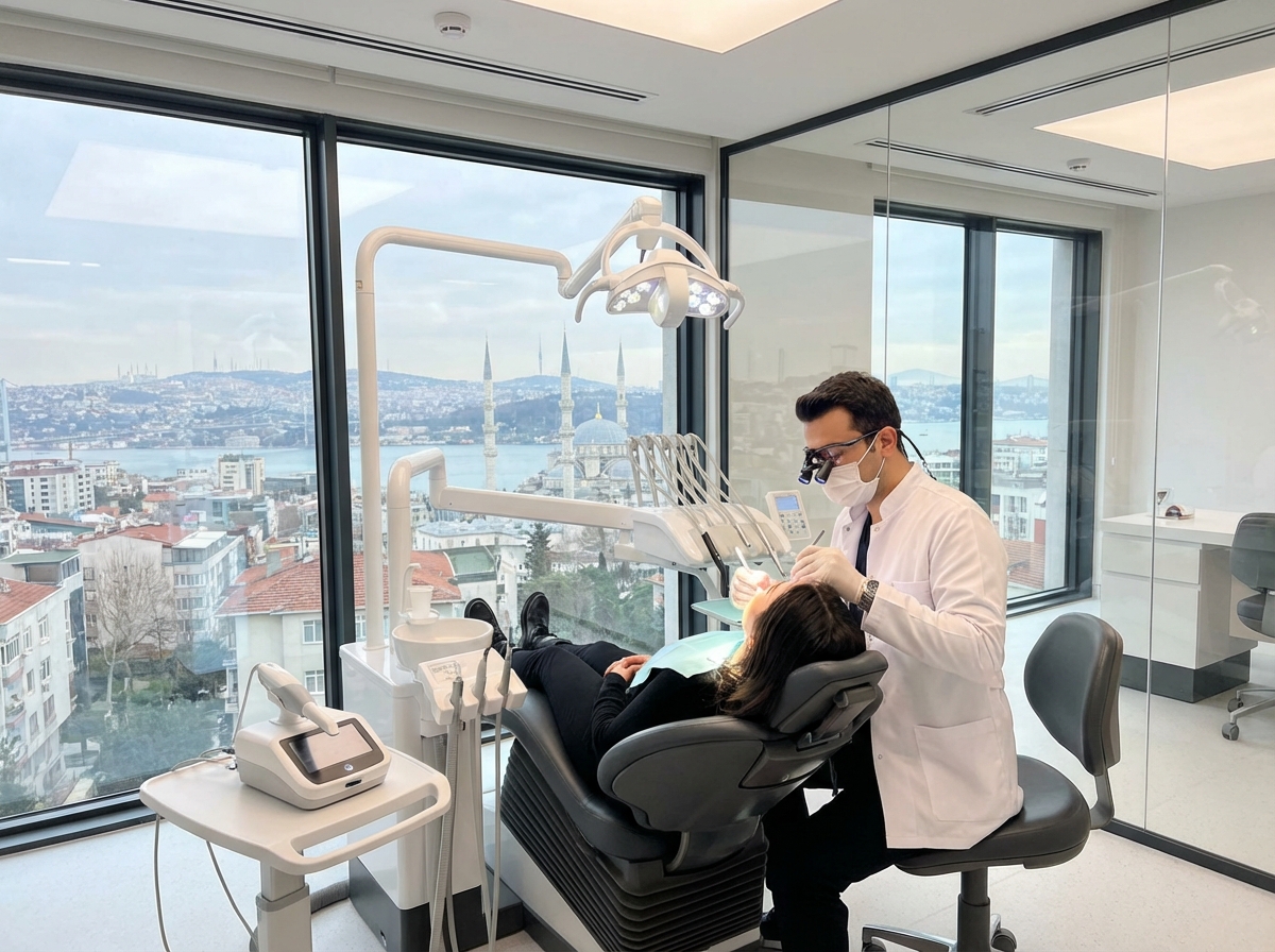 Clinique dentaire moderne à Istanbul : dentiste examinant un bridge dentaire avec loupes de grossissement, scanner numérique visible