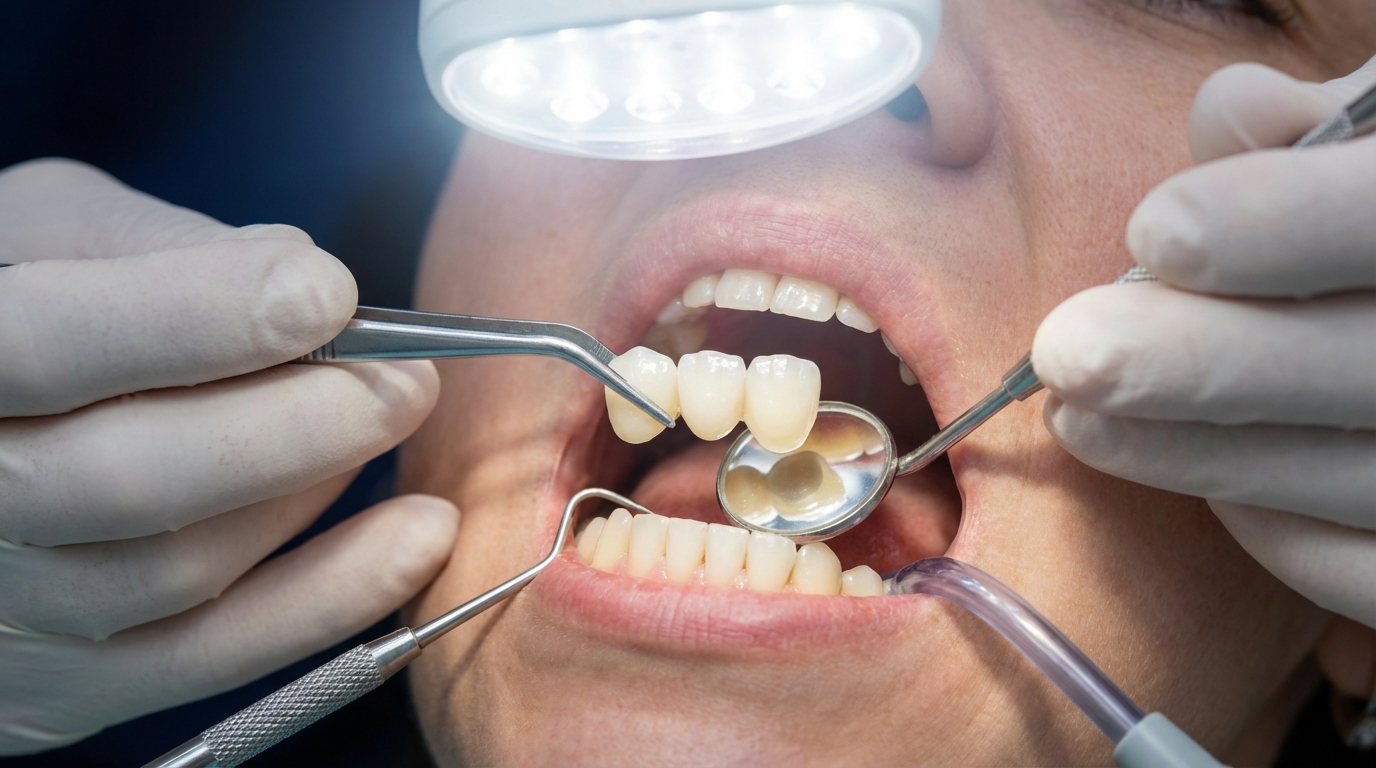 Bridge dentaire en zircone 3 éléments : pose sur dents piliers préparées dans une clinique dentaire moderne à Istanbul