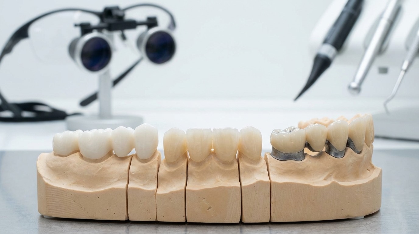 Matériaux de bridge dentaire — Zircone vs E-Max vs Métal-céramique | Renaissance Clinique Comparaison des matériaux de bridge dentaire : zircone blanche, E-Max translucide et métal-céramique sur modèle dentaire