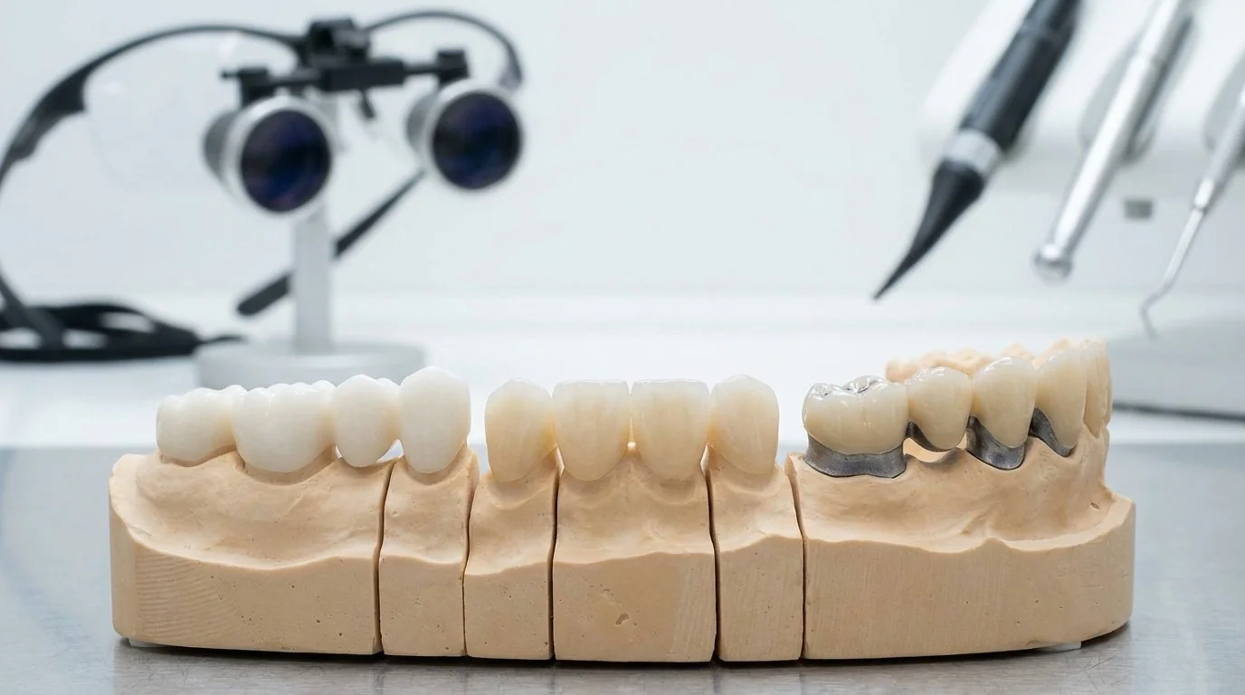 Matériaux de bridge dentaire — Zircone vs E-Max vs Métal-céramique | Renaissance Clinique Comparaison des matériaux de bridge dentaire : zircone blanche, E-Max translucide et métal-céramique sur modèle dentaire