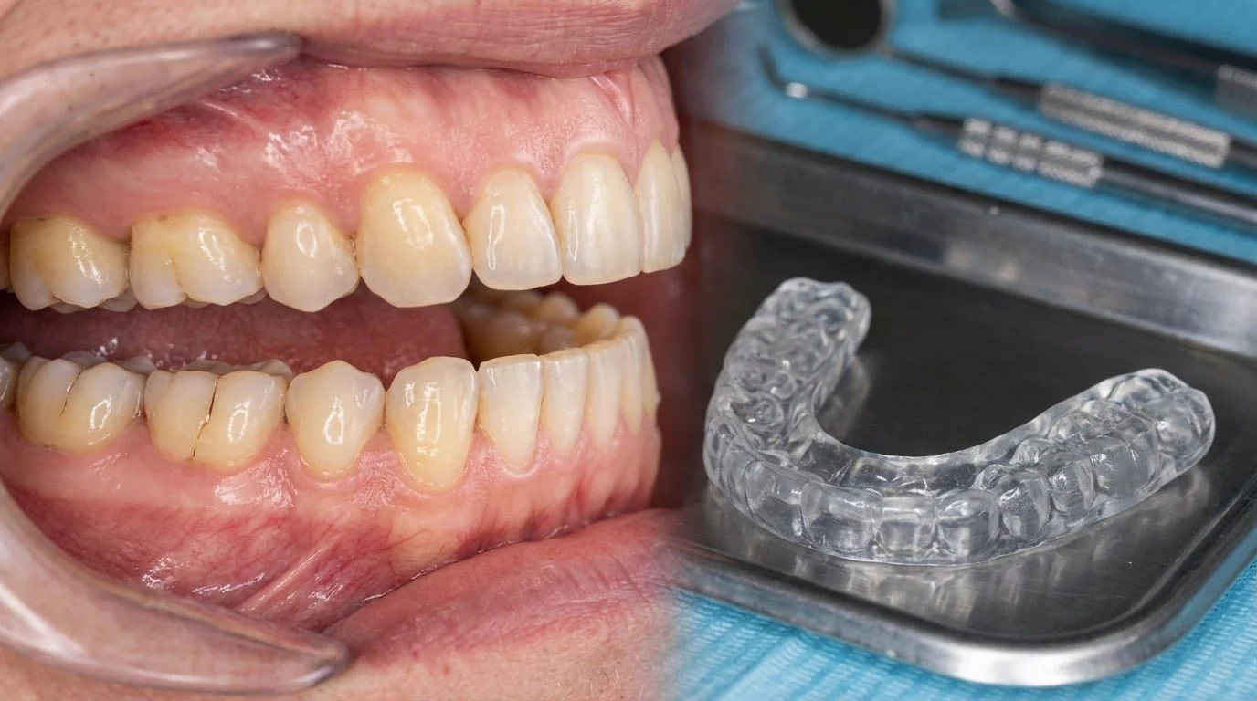 Bruxisme : grincement des dents montrant l'usure de l'émail et une gouttière occlusale sur mesure