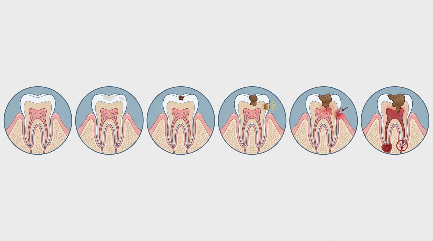 Progression des caries dentaires : 4 stades de la carie initiale (émail) à l'atteinte pulpaire (nécrose)