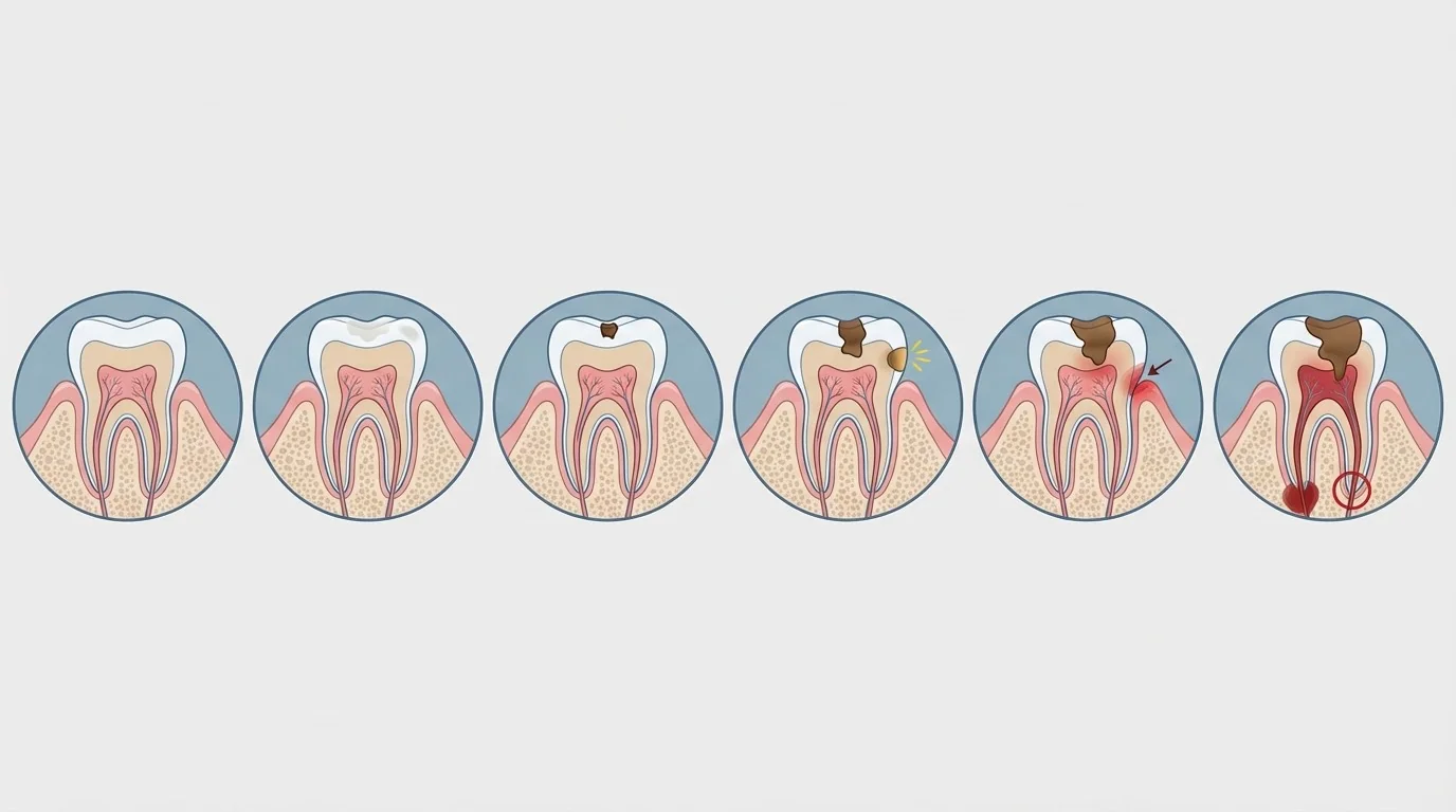 Stades progression caries dentaires | Renaissance Clinique Progression des caries dentaires : 4 stades de la carie initiale (émail) à l'atteinte pulpaire (nécrose)