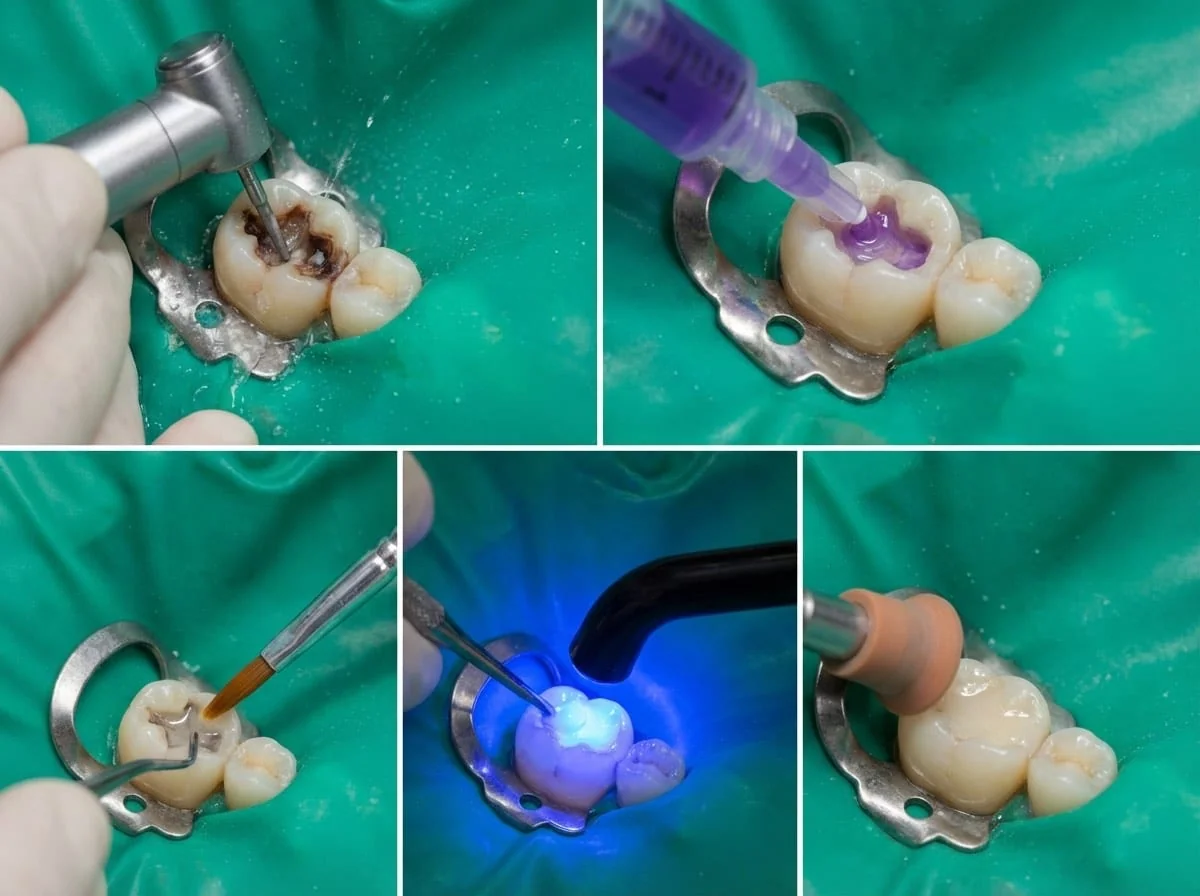 Obturation composite — Traitement carie | Renaissance Clinique Traitement d'une carie par obturation composite : éviction carieuse et restauration stratifiée en composite