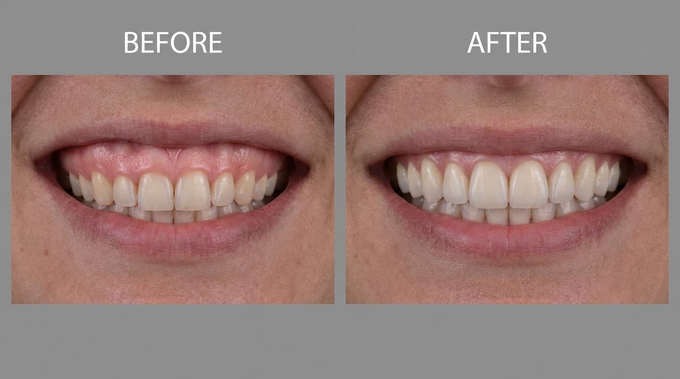 Avant/après contourage gingival laser : correction du sourire gingival avec remodelage de la gencive