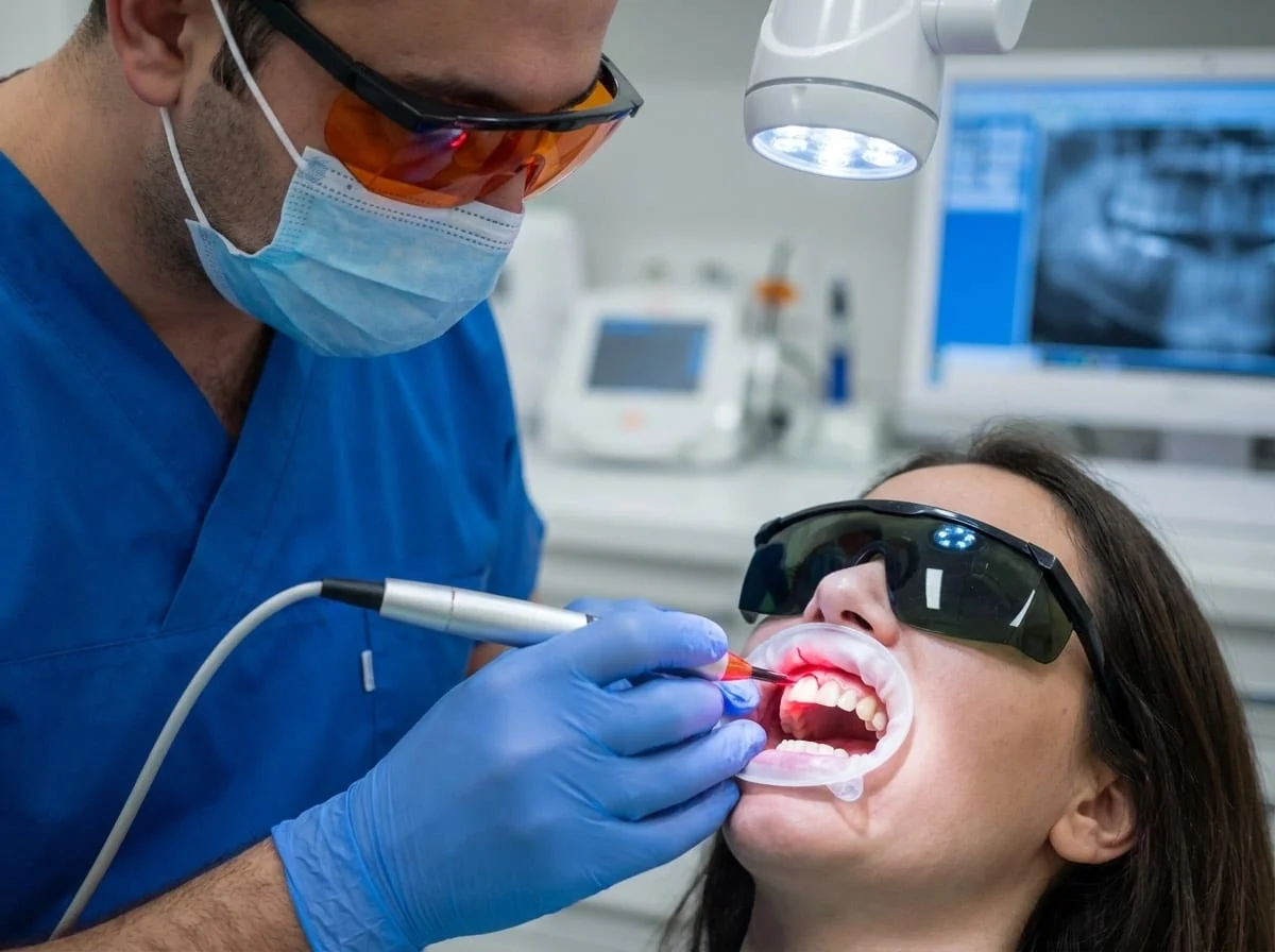 Procédure de contourage gingival par laser diode : vaporisation précise du tissu gingival en excès