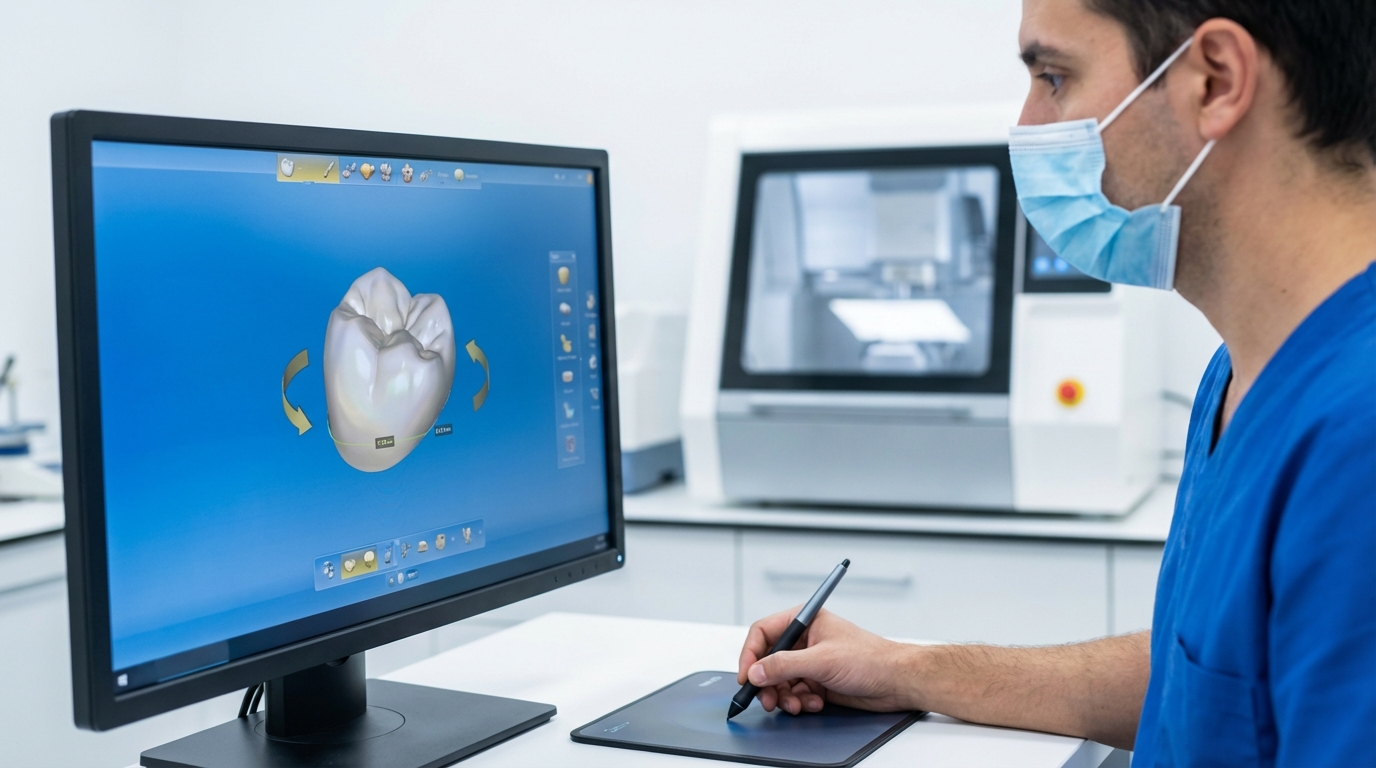 Laboratoire dentaire CFAO à Istanbul — conception numérique d'une couronne en zircone sur logiciel CAD/CAM avec fraiseuse CNC en arrière-plan
