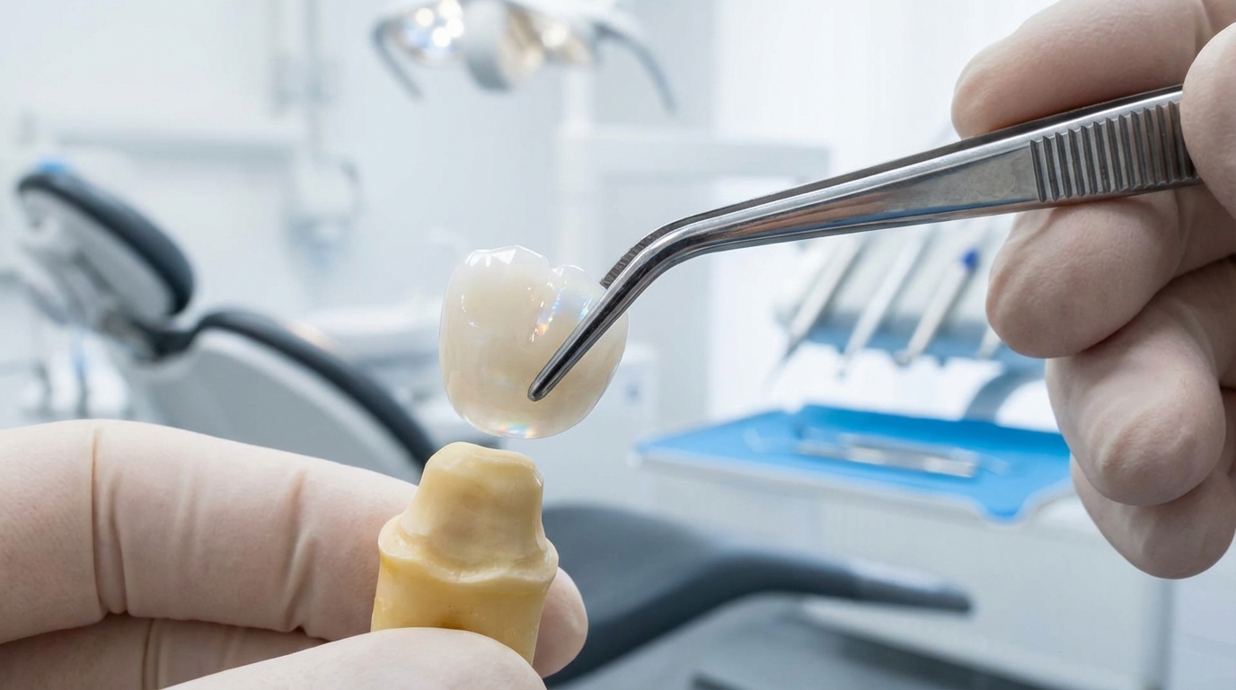 Couronne dentaire en zircone positionnée sur une dent préparée — vue rapprochée en clinique dentaire à Istanbul montrant la qualité de la céramique translucide