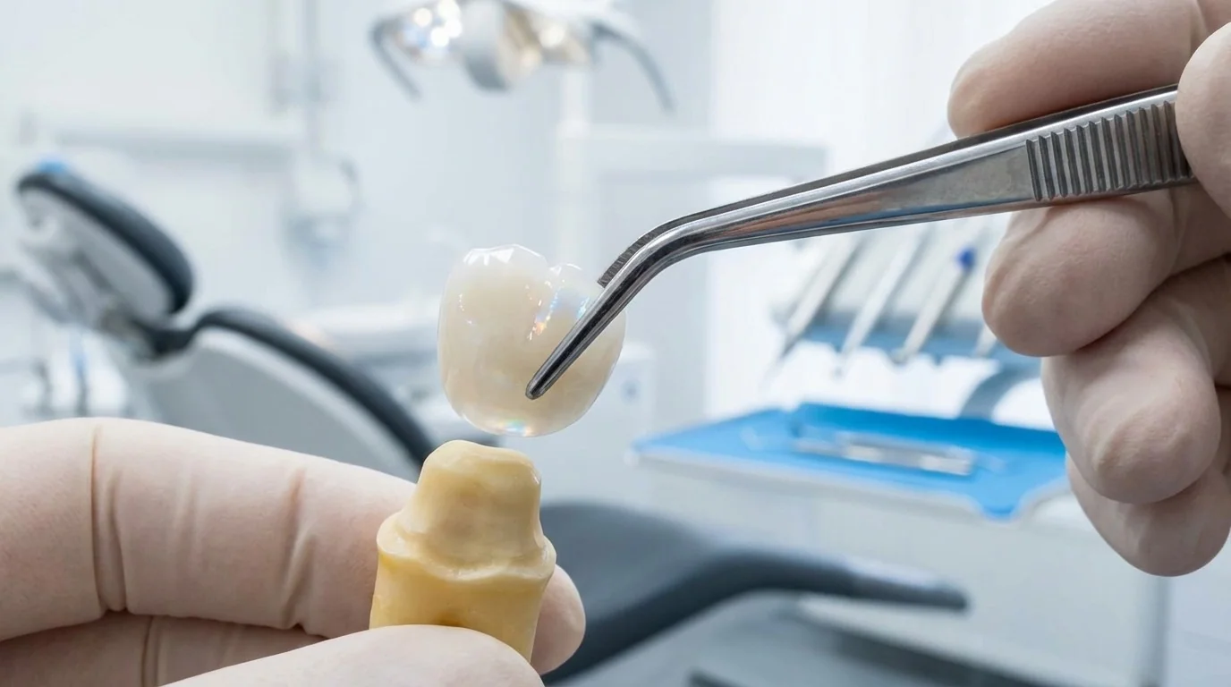 Couronne dentaire en zircone positionnée sur une dent préparée — vue rapprochée en clinique dentaire à Istanbul montrant la qualité de la céramique translucide