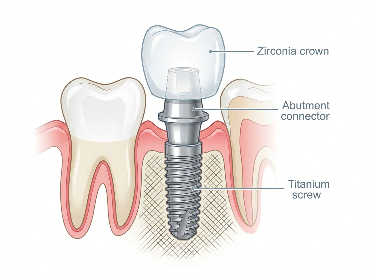 Schéma en coupe d'un implant dentaire avec couronne en zircone — vis en titane dans l'os, pilier et couronne prothétique