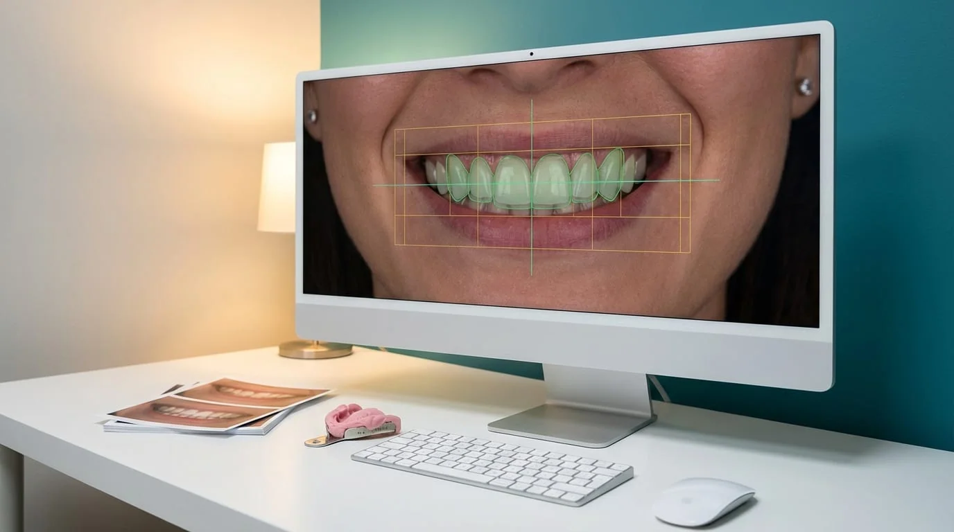Parcours DSD en 4 étapes : de la simulation 3D au sourire définitif en facettes E-Max | Renaissance Clinique Parcours complet du Digital Smile Design (DSD) en 4 étapes : analyse faciale et simulation 3D, mock-up en résine composite essayé en bouche, facettes provisoires CAD/CAM, résultat définitif avec facettes E-Max — documentation photographique à chaque étape