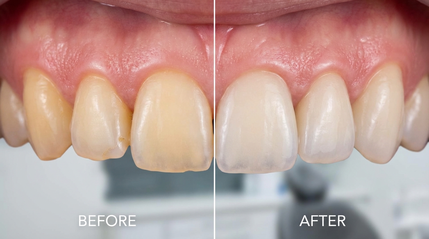 Résultats avant-après de facettes dentaires E-Max en Turquie : colonne avant montrant des dents tachées et mal alignées, colonne après montrant un sourire harmonieux avec 20 facettes E-Max blanches et naturelles — protocole photo standardisé