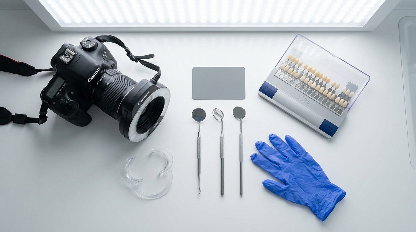 Schéma du protocole photo standardisé en 5 angles pour soins dentaires : vue frontale sourire fermé, frontale sourire ouvert, latérale droite, latérale gauche, vue occlusale — appareil calibré, éclairage constant, fond neutre