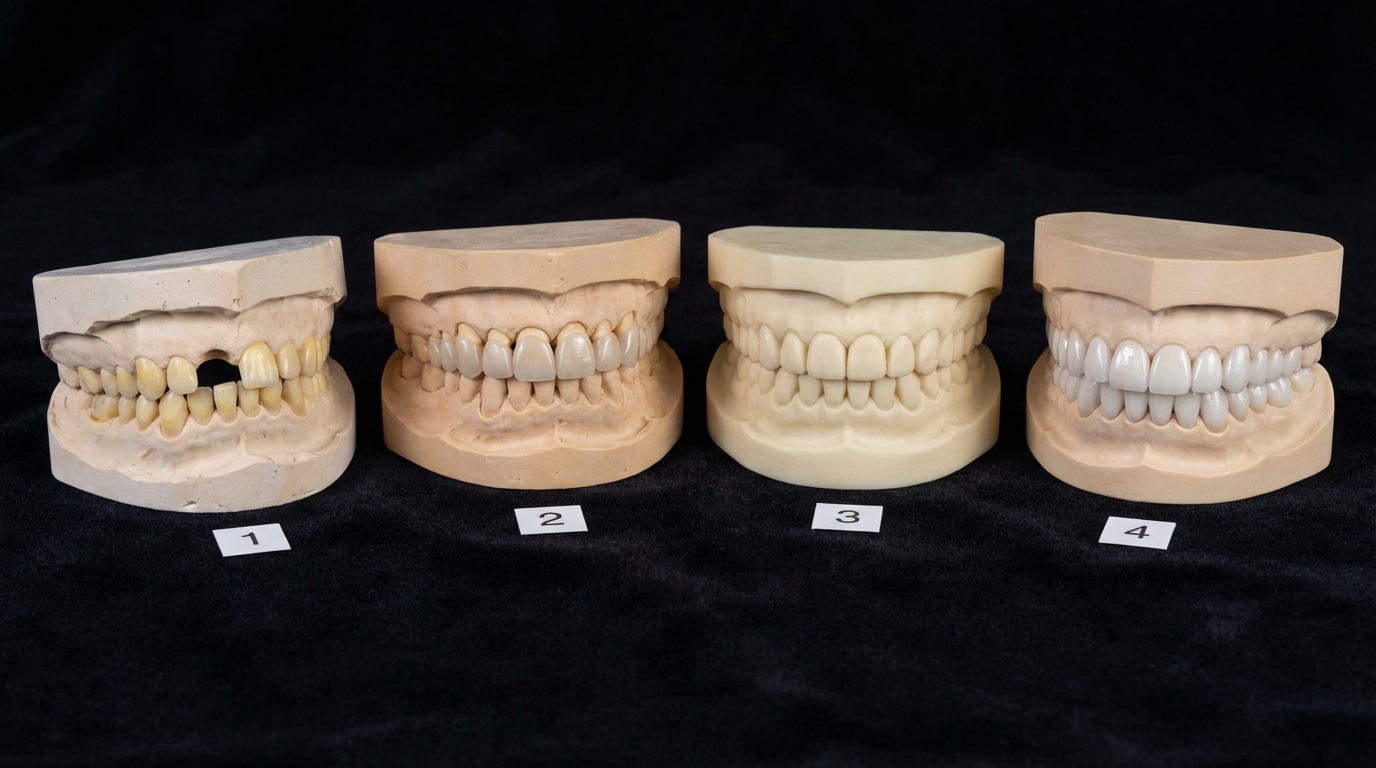 Comparaison photographique J+7 vs résultat final à 6 mois de soins dentaires en Turquie : gencives légèrement gonflées à J+7 vs gencives parfaitement cicatrisées à 6 mois, papilles interdentaires reconstituées, intégration complète des facettes E-Max