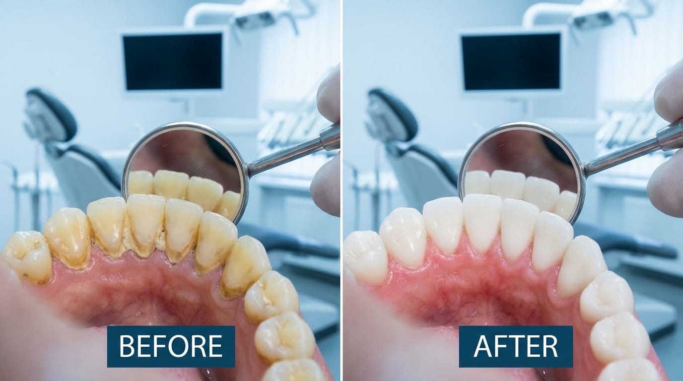 Avant et après un détartrage professionnel : dents avec tartre visible (gauche) et dents nettoyées (droite)