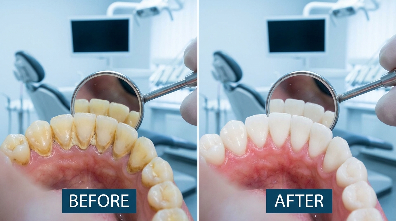 Avant et après un détartrage professionnel : dents avec tartre visible (gauche) et dents nettoyées (droite)