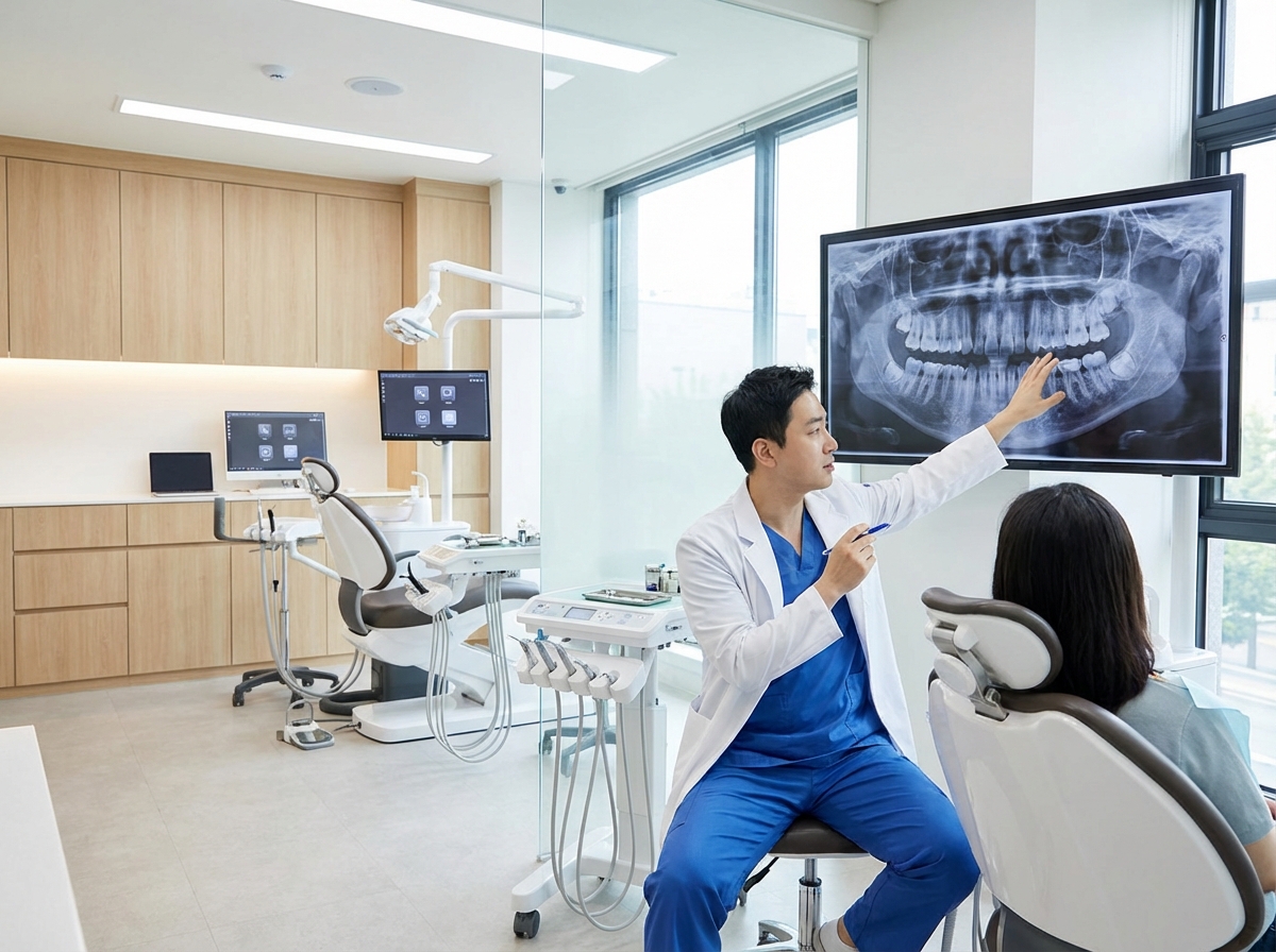 Bilan dentaire complet à Istanbul : panoramique numérique affichée sur écran, dentiste expliquant les résultats au patient