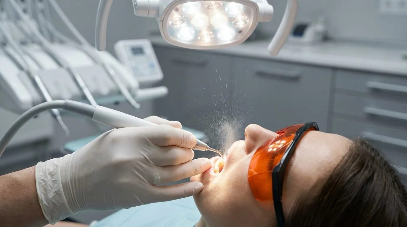 Détartrage dentaire aux ultrasons : dentiste utilisant un détartreur ultrasonique sur les dents d'un patient dans une clinique moderne à Istanbul