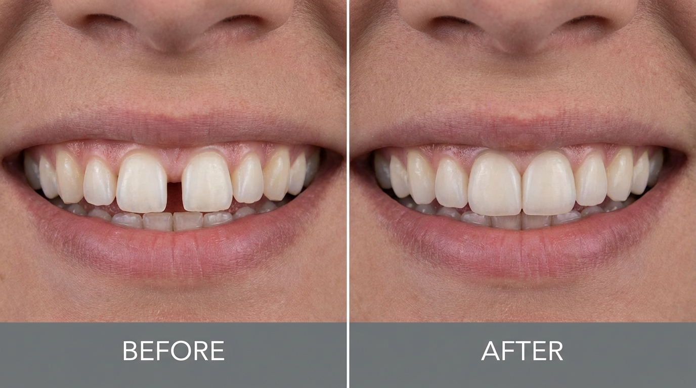 Avant et après fermeture d'un diastème par bonding composite et facettes dans une clinique dentaire à Istanbul