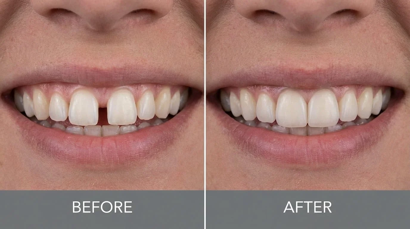 Avant et après fermeture d'un diastème par bonding composite et facettes dans une clinique dentaire à Istanbul