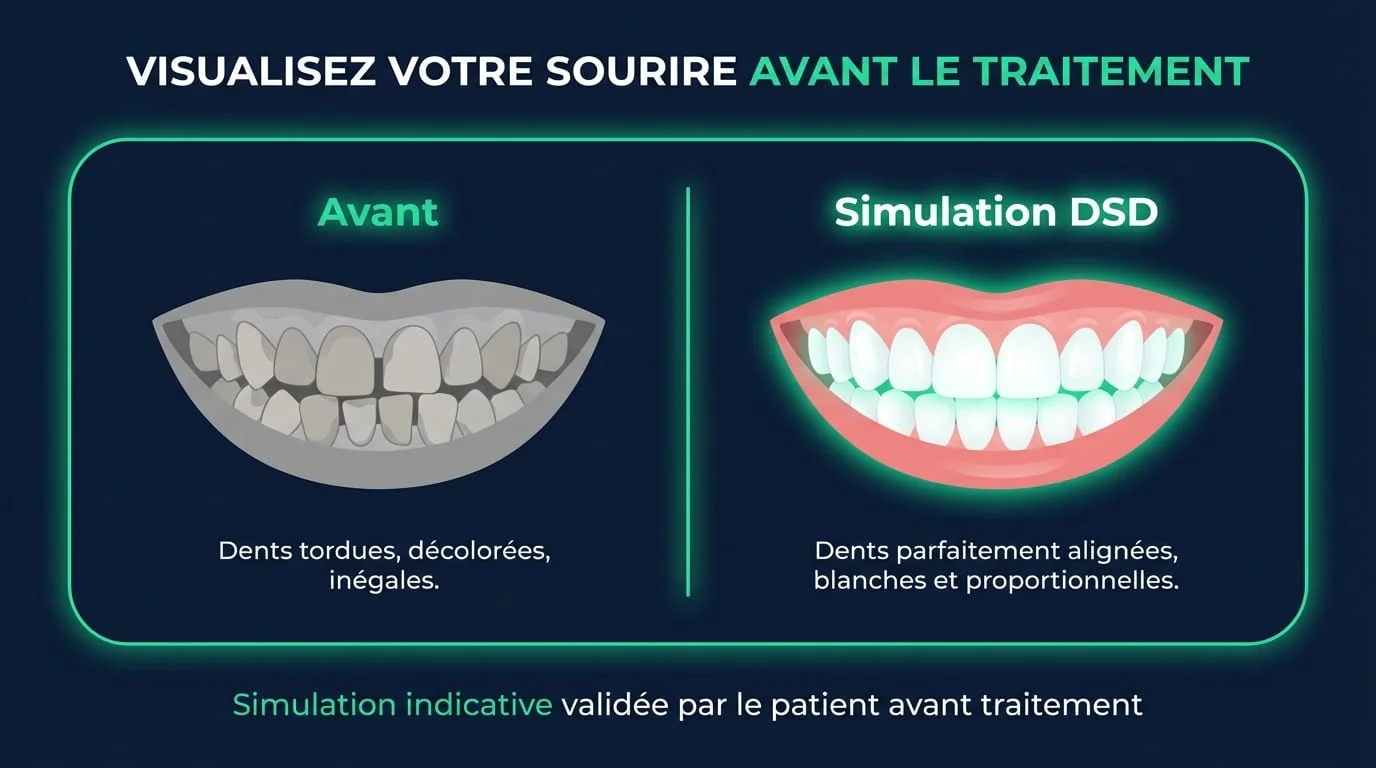 Simulation DSD avant/apres : vue scindee montrant le sourire actuel a gauche et le design numerique a droite