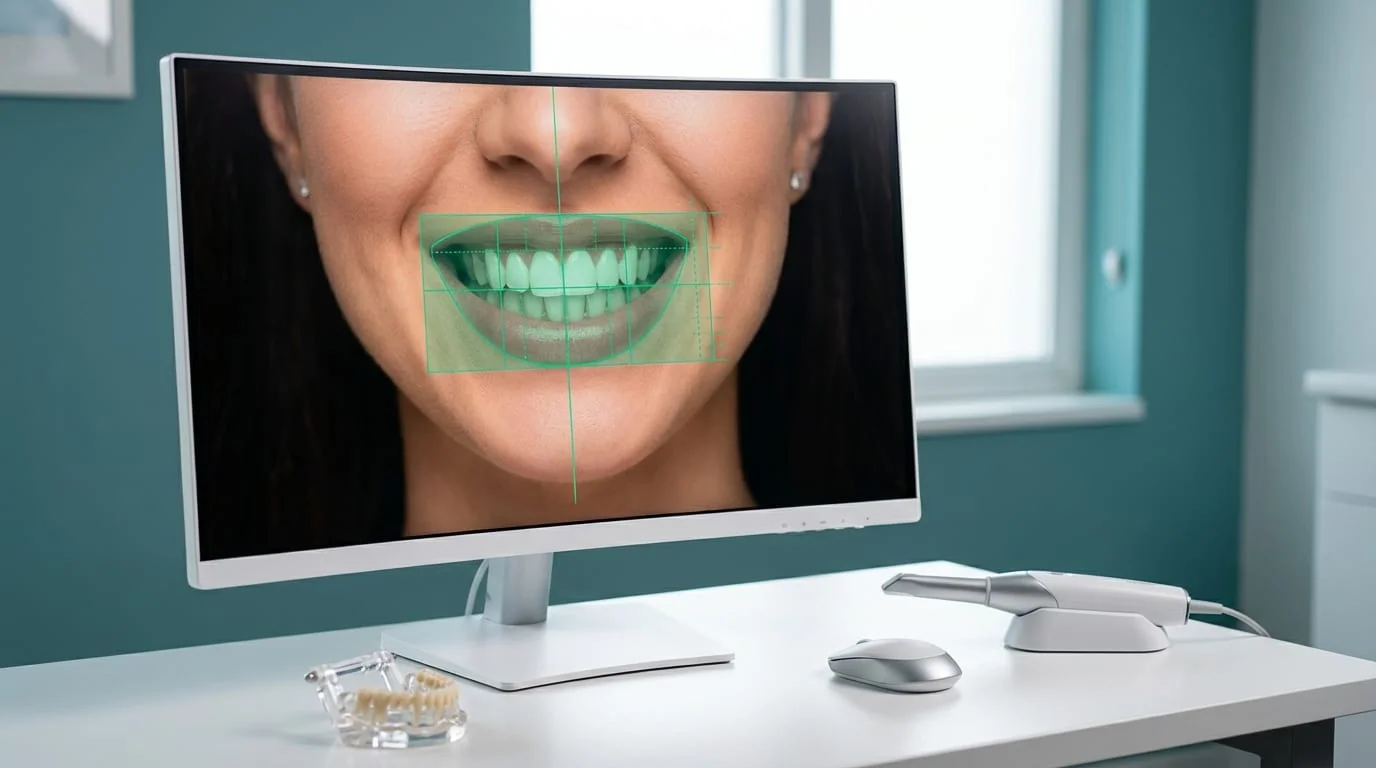 Grand ecran affichant le logiciel Digital Smile Design avec superposition du sourire numerique sur le visage d'un patient