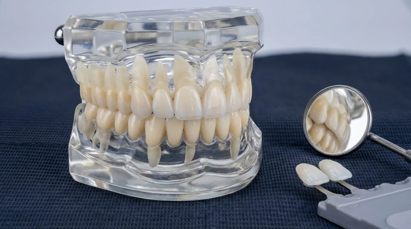Gros plan d'un mock-up en resine composite place sur un modele dentaire — essai du sourire DSD sans limage