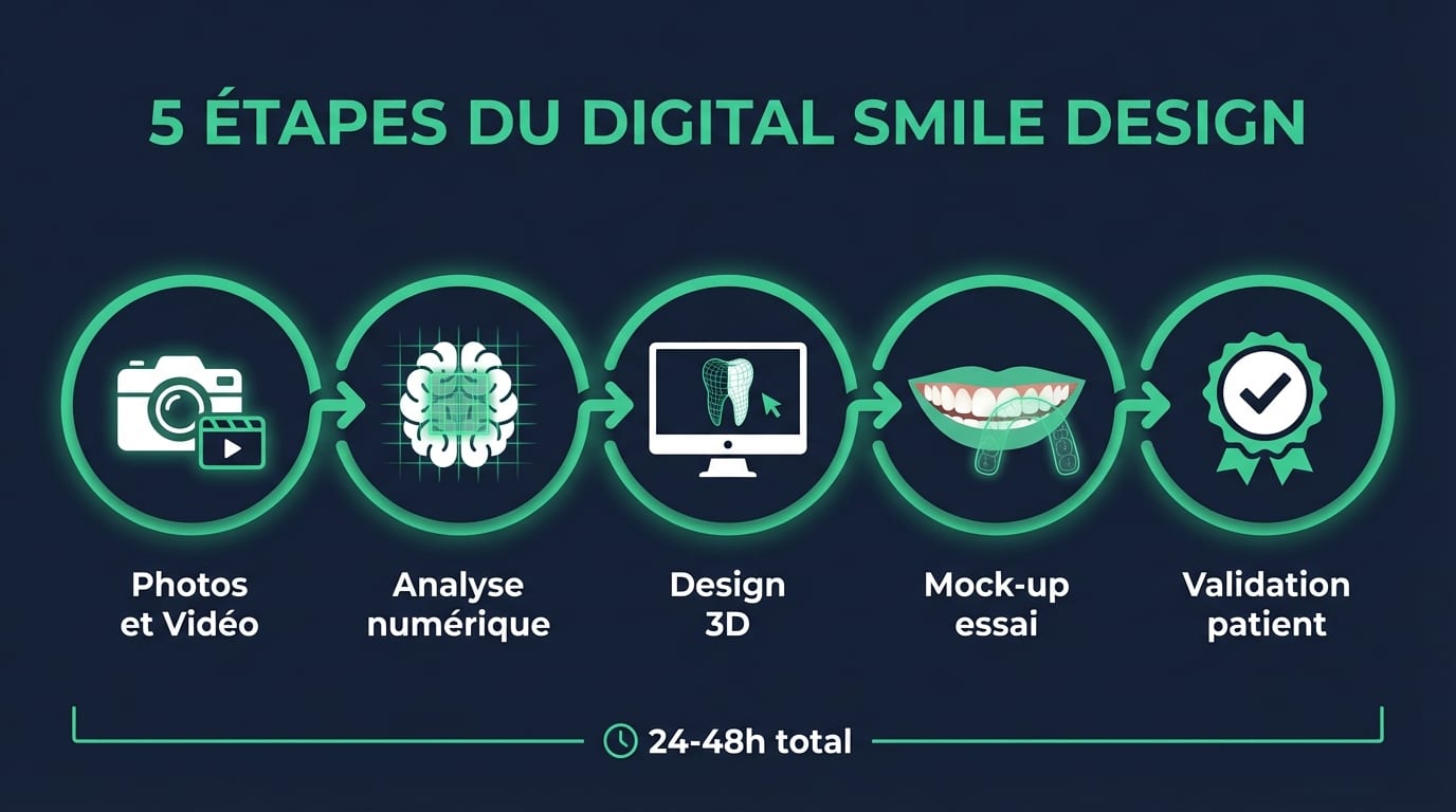 Infographie des 5 etapes du protocole Digital Smile Design : photos et video, analyse, design 3D, mock-up, validation