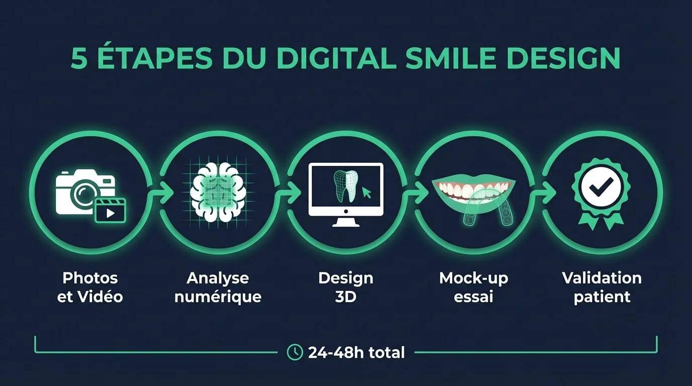 Infographie des 5 etapes du protocole Digital Smile Design : photos et video, analyse, design 3D, mock-up, validation