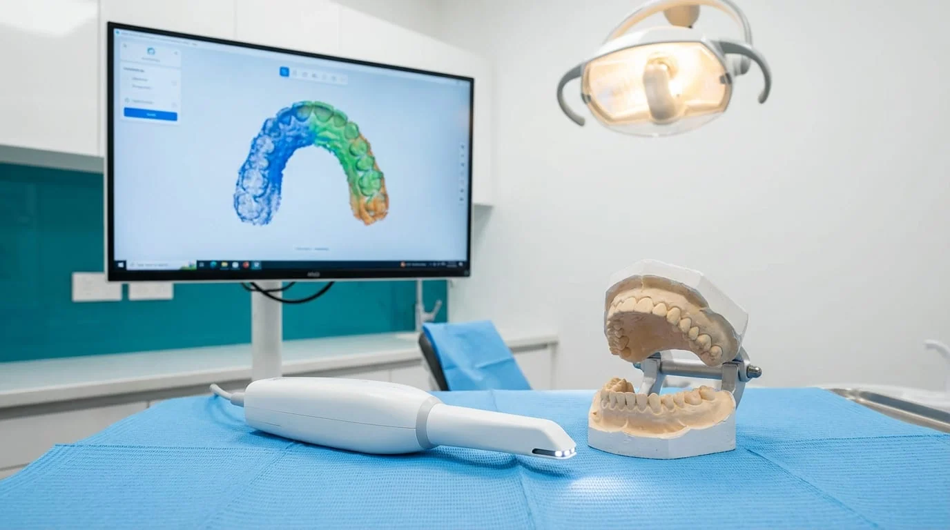 Scanner intra-oral 3Shape Trios en utilisation sur un modele dentaire — capture 3D des arcades pour le protocole DSD